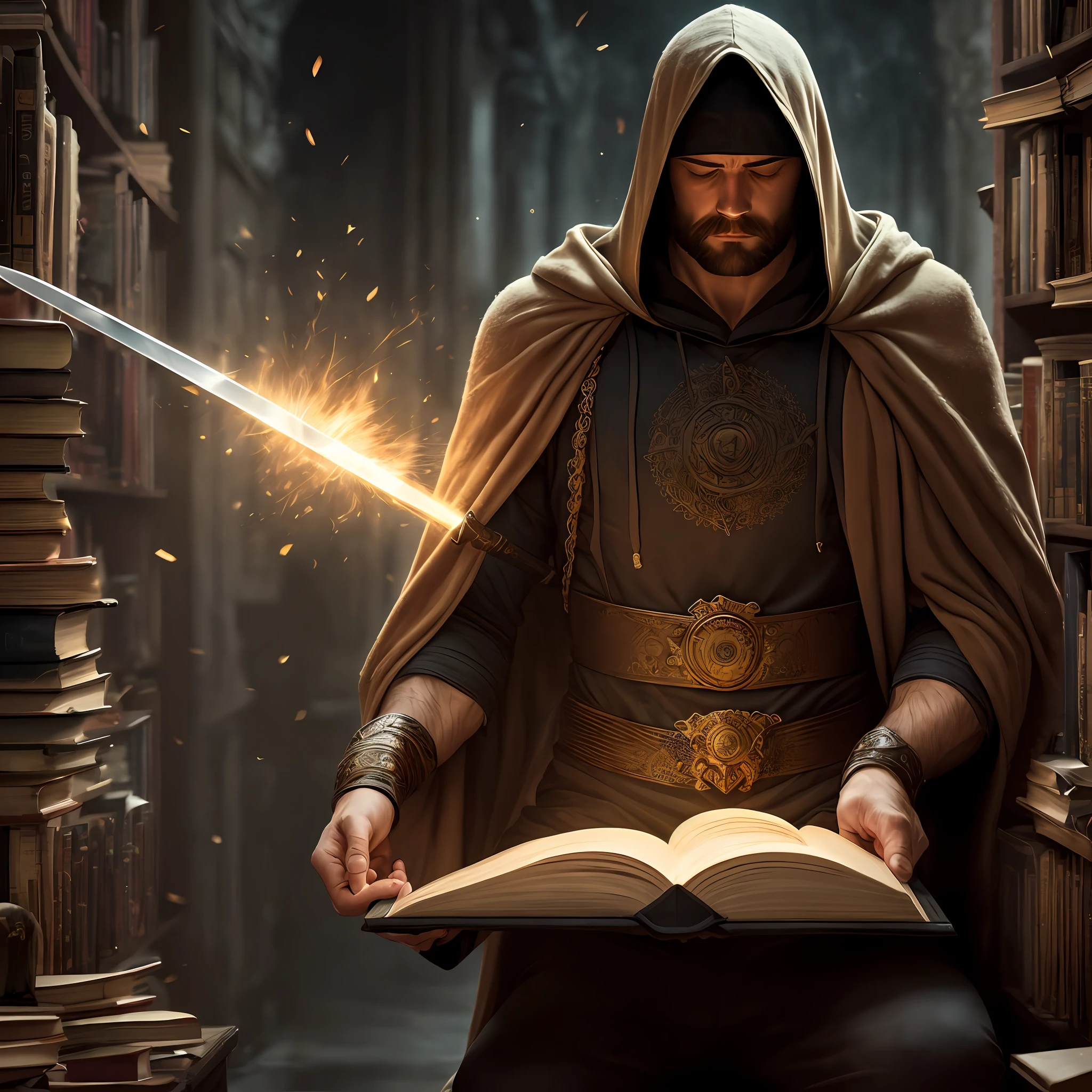Strong man reading, face hidden, hooded, cover, book luminous, meditating, around swords, swords, many books, super realistic, masterpiece, ((best quality, 8k)). All sharp, extremely sharp, perfect. --auto