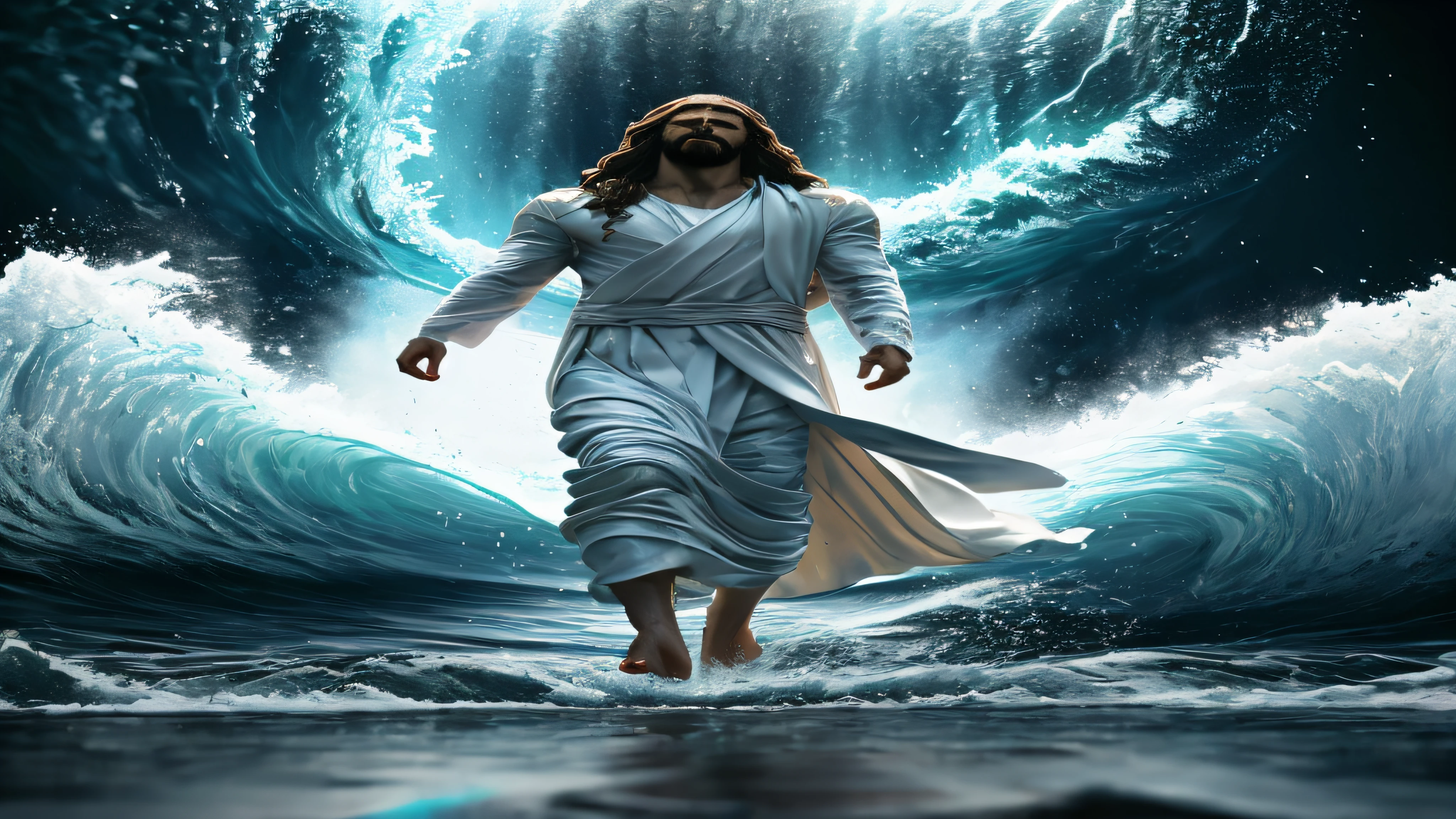 jesus walking on water in a storm, masterpiece, best quality, high quality, extremely detailed CG unit 8k wallpaper, award winning photography, Bokeh, Depth of Field, HDR, bloom, Chromatic aberration, photorealistic, extremely detailed, trending on artstation, trending on CGsociety, intricate, high detail, dramatic, mid-journey art, volumetric lighting