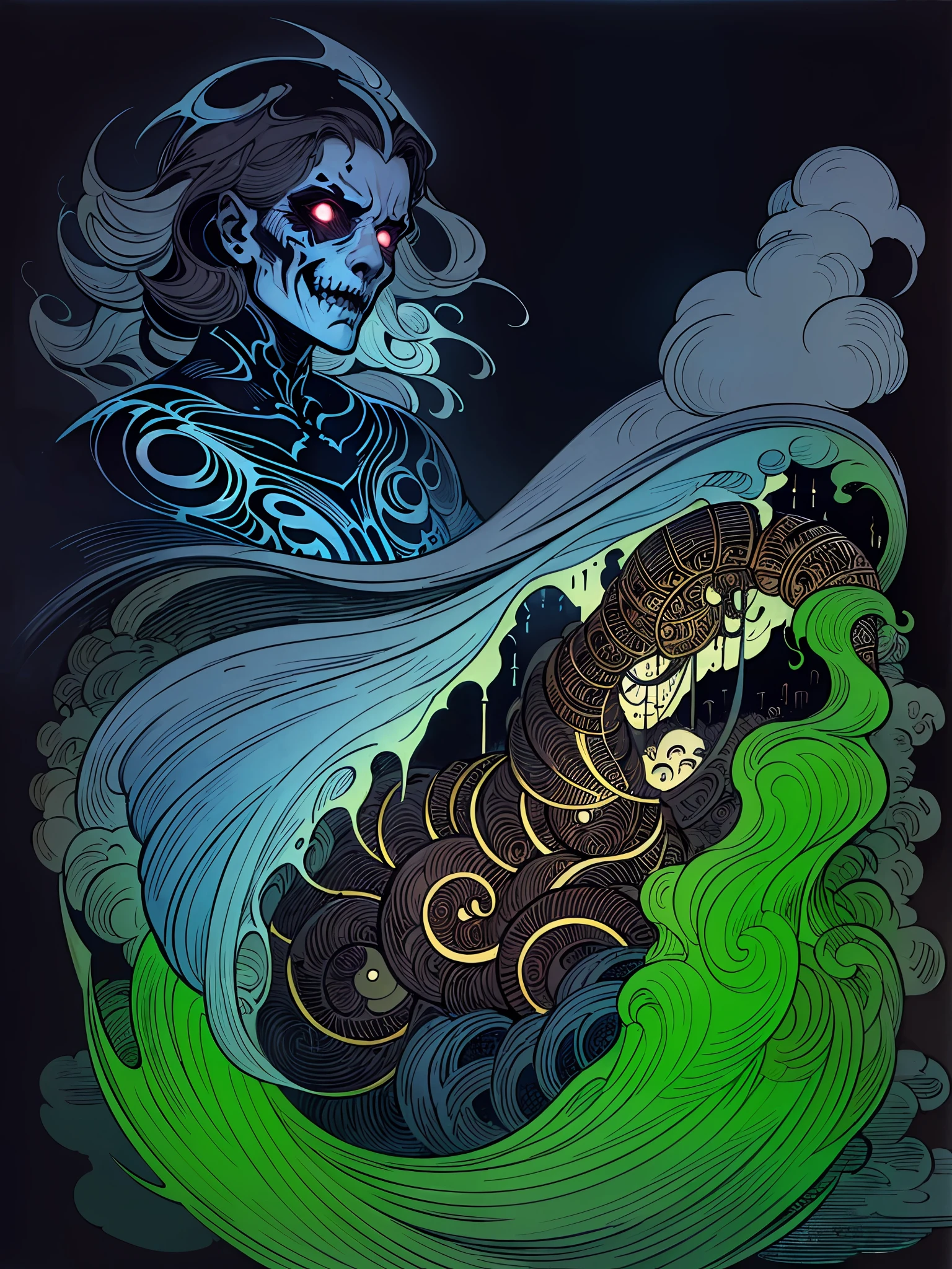 (masterpiece, best quality, ultra high res:1.2), highly detailed, fantasy illustration, (Rebecca Guay:1.4), 1boy, necromancer, black armor, undead, ghosts, wraiths, night, dark theme, visually stunning, beautiful, award-winning art