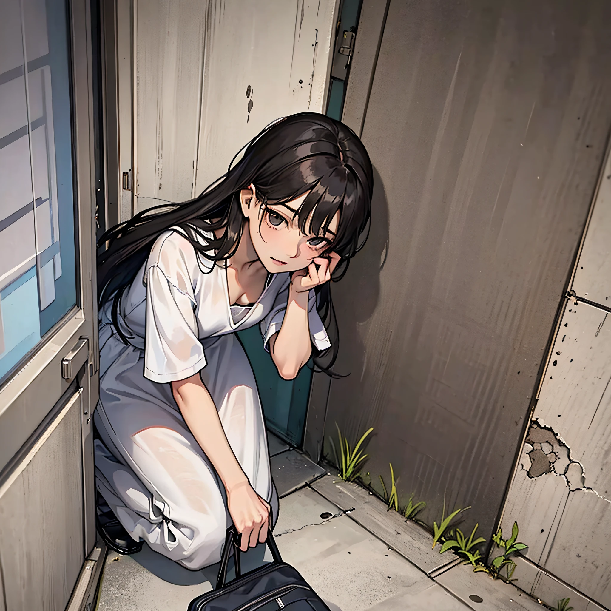 A woman with long black hair, wearing a white dress, collapsed outside the door, her luggage fell to the ground, looked at the camera, and had an uncomfortable expression