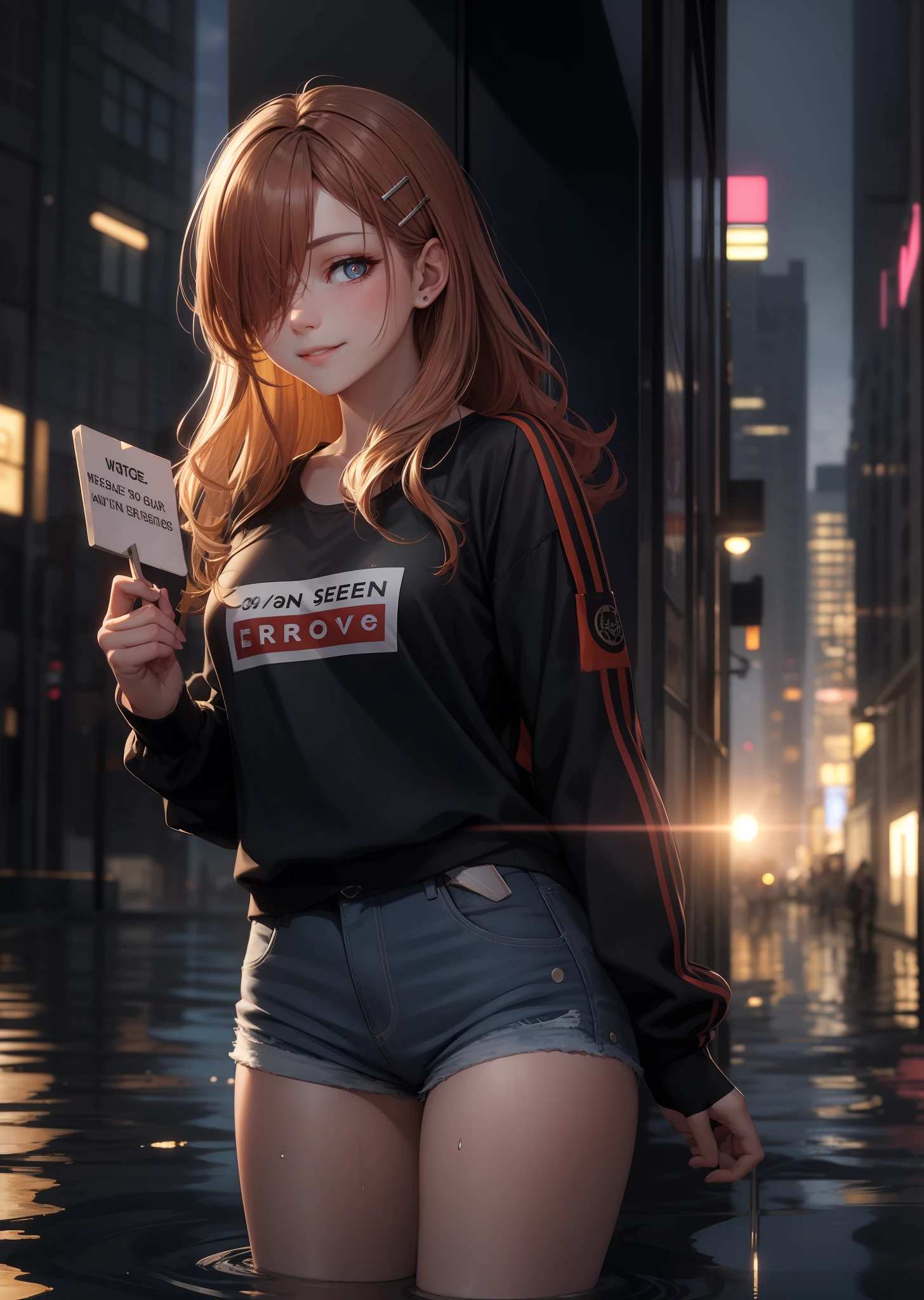 solo, 1girl, evil smile, holding sign, long hair, hair over one eye, hair clip, bright eyes, bright pupils, orange shirt, long sleeves, mug, height chart Beautiful woman with wavy hair, delicate and charming eyes, thigh notch, sexy long legs, t-shirt in small shorts, cute futuristic cyberpunk + city, mist, damp, rain, best quality masterpiece,  realistic, detailed, 8k, HDR, shallow depth of field, wide light, high contrast, backlight, flood, flash, chromatic aberration, sharp focus, RAW color photo