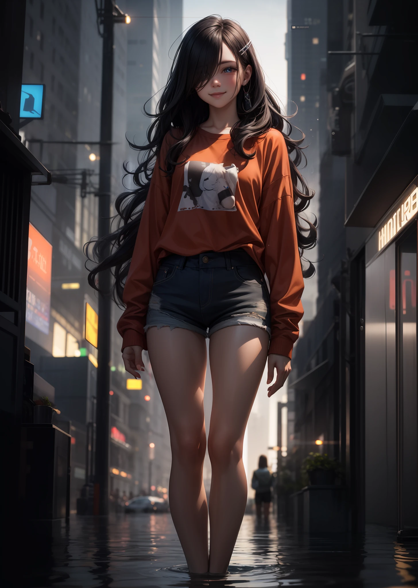 solo, 1girl, evil smile, holding sign, long hair, hair over one eye, hair clip, bright eyes, bright pupils, orange shirt, long sleeves, mug, height chart Beautiful woman with wavy hair, delicate and charming eyes, thigh notch, sexy long legs, t-shirt in small shorts, cute futuristic cyberpunk + city, mist, damp, rain, best quality masterpiece, realistic, detailed, 8k, HDR, shallow depth of field, wide light, high contrast, backlight, flood, flash, chromatic aberration, sharp focus, RAW color photo
