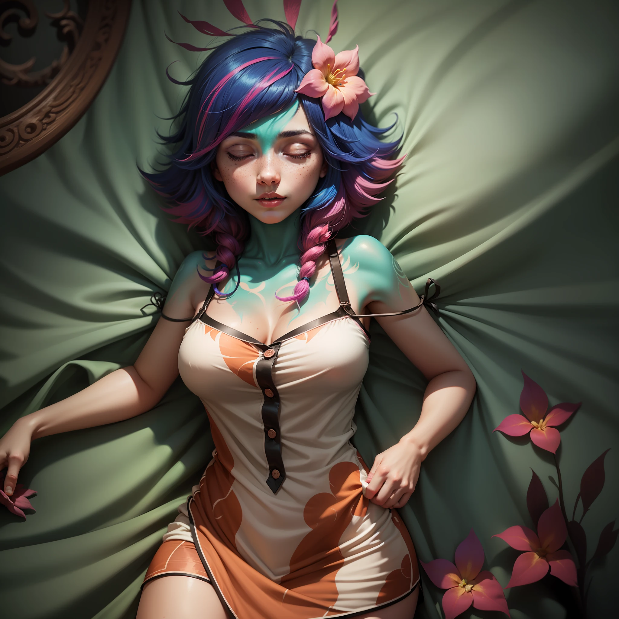4k, realistic, charismatic, very detailed, Neeko (19 years old, freckles, short blue hair with pink tips, pink flower on head left side, big breasts)in bed, wearing American pajamas (American pajama dress buttons, open neckline, button-down sleeping dress),purple theme, full body, lying in bed