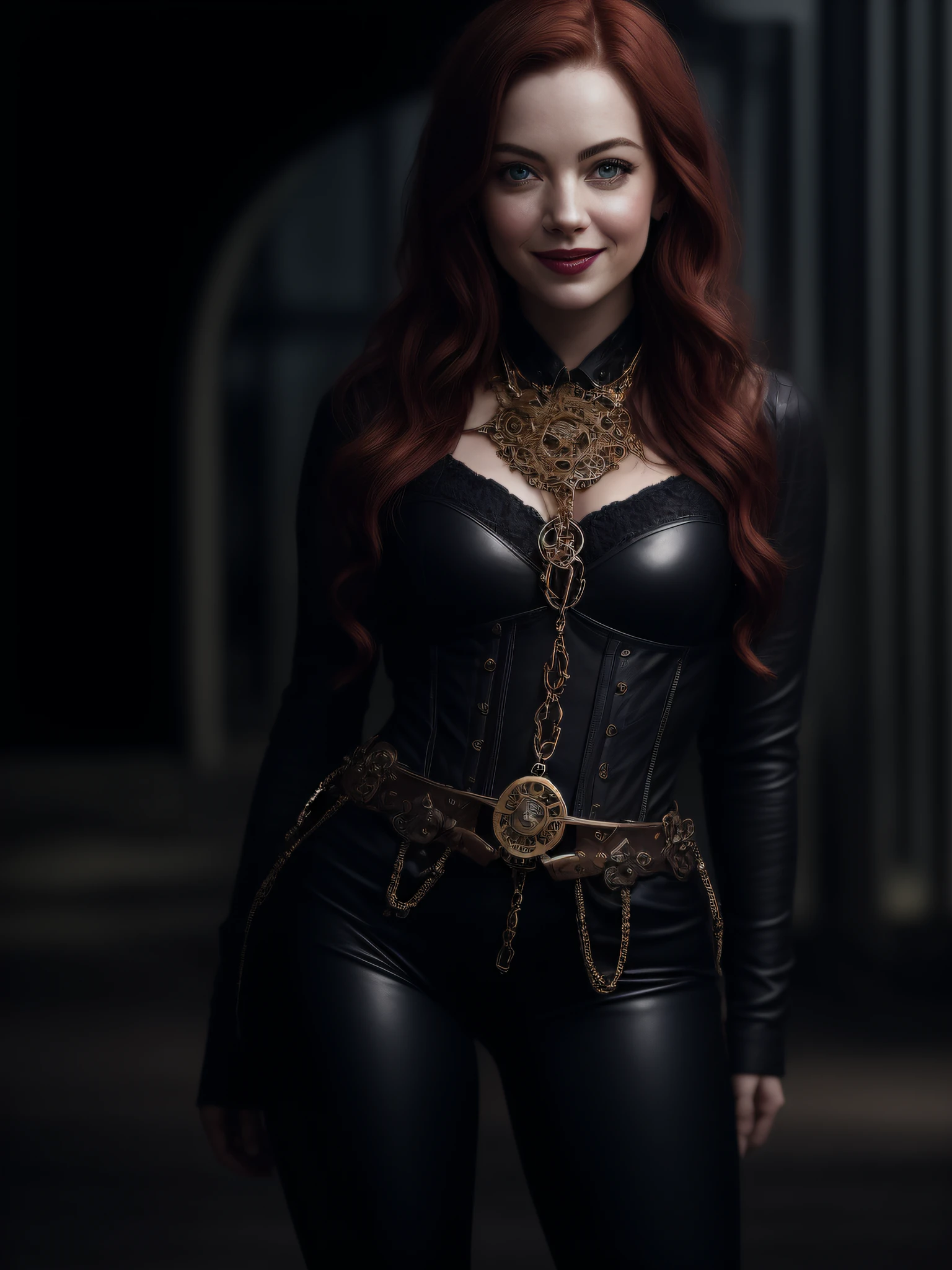 (a 31-year-old girl, (Emma Stone:0.65), (redhead:1.1)), cute smile, (perfect eyes:1.1), looking at me, hairstyle, Corsage shirt, Corsages straps, leather pants, jewelry by steampunk mechanisms, made of copper, brass, gears, chains, intricate, hdr, intricate details, detailed, cinematic, chubby, curvilinea
