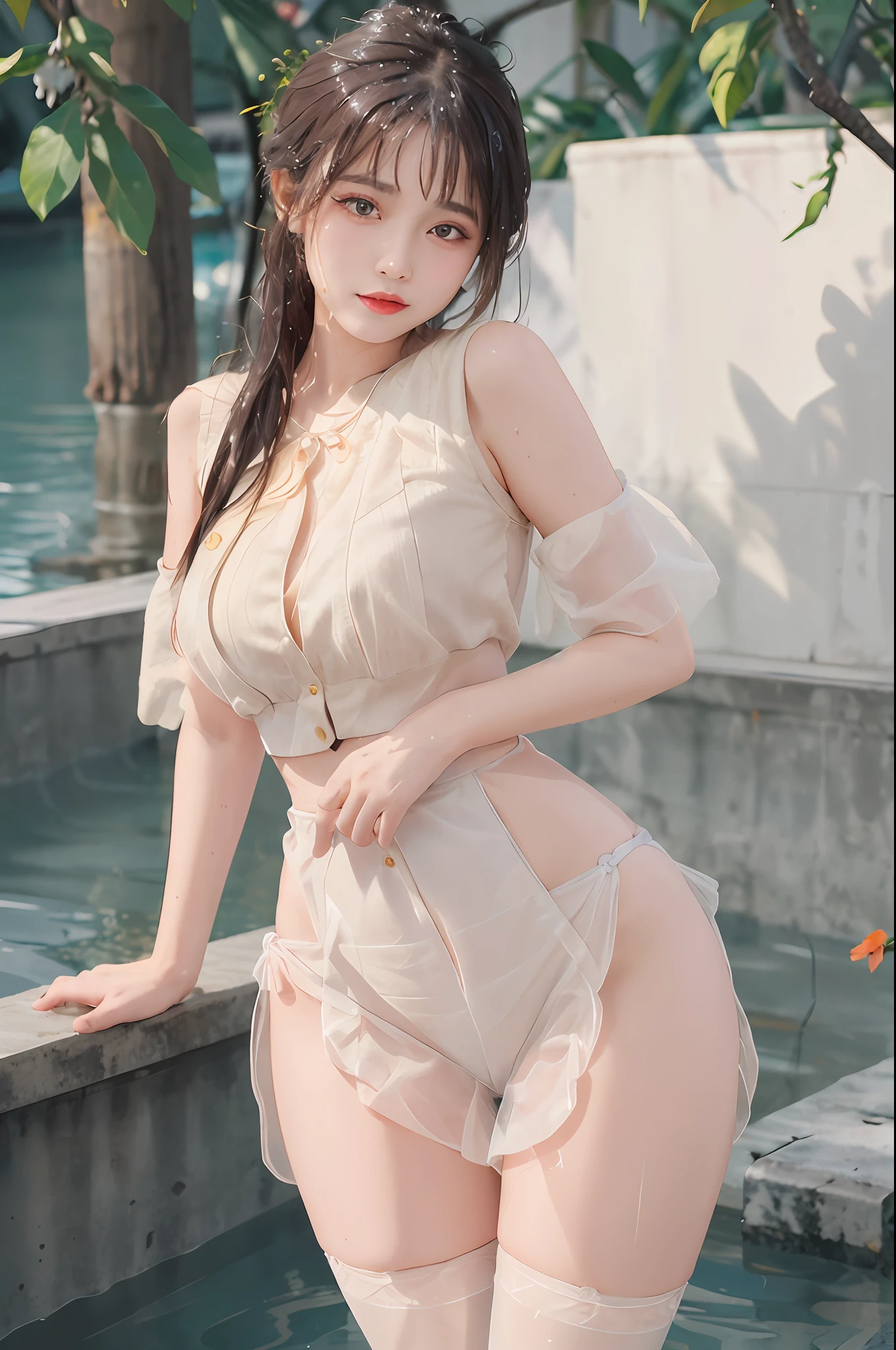 Masterpieces: 1 girl.2 girls, best quality), realism, (real pictures, rich detail details, depth of field), (1 girl called girl, solo), makeup, high detail, perfect face shape, (: 1 girl.4 pcs.), (skin dents), thin thighs, wide hips, thin waist, high, coral, red lips, red eyes, ponytail (girls, shallow tulle, tulle transparent), (sweat: 1 girl.2 girls), (wet), sexy, blush, (shy expression), yellow petal clothes, shirt, white stockings,