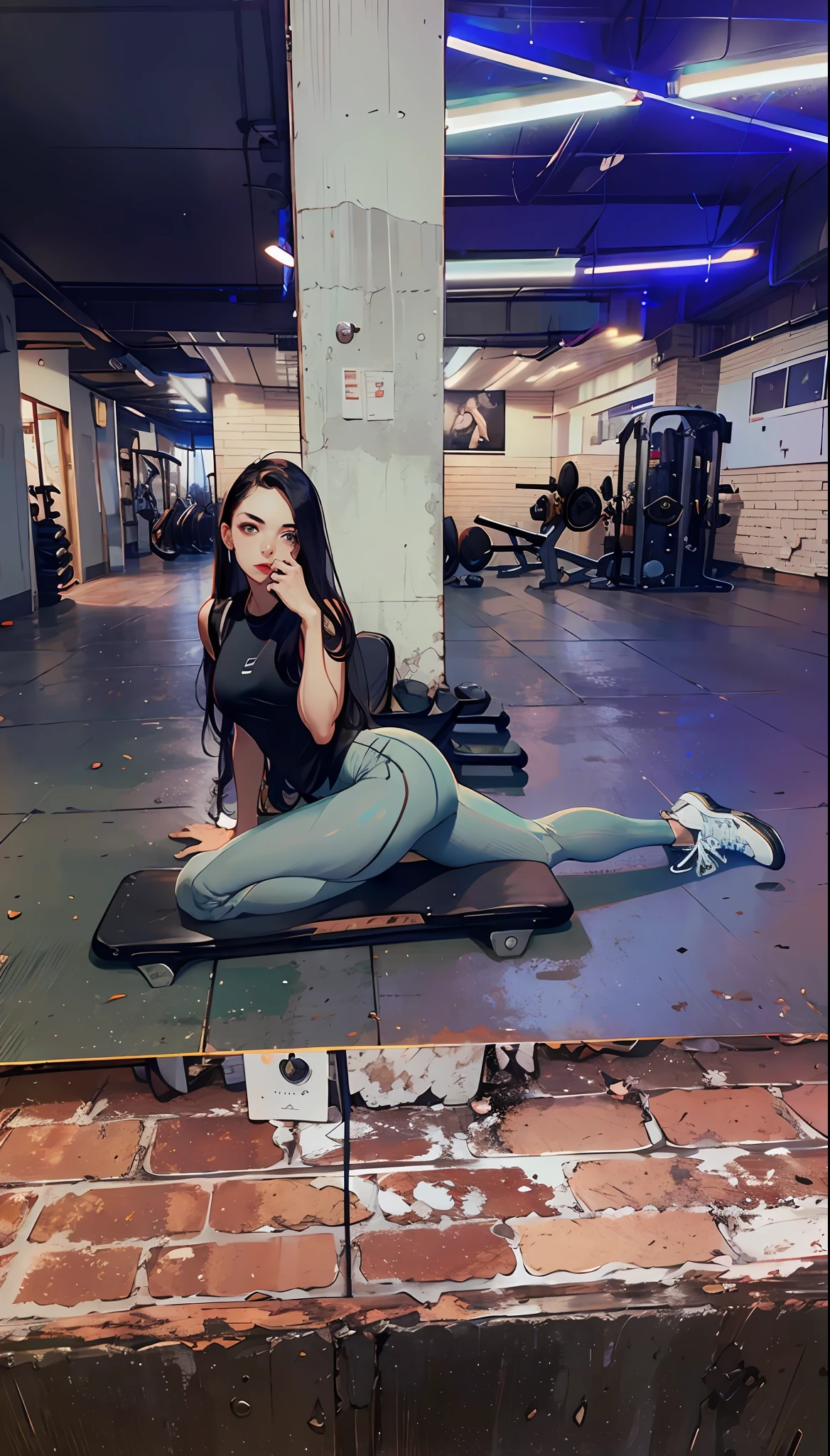 (realistic photo shot in a dark studio), (medium full body shot), (20 year old girl sexy poses in the gym), sports leggings, sports bra, beautiful detailed face, supermodel, (skinny and fit body:1.1), small breasts, pale skin, detailed long blond hair, heavy makeup, (realistic glistening skin), masterpiece, best quality, high resolution scan, (photo by Canon 5d, 50mm ZEISS lens), hourglass proportions, (8k uhd, hdr, dof), (professionally color graded), sharp focus, rim lighting, dimly lit, two tone lighting, dark,
