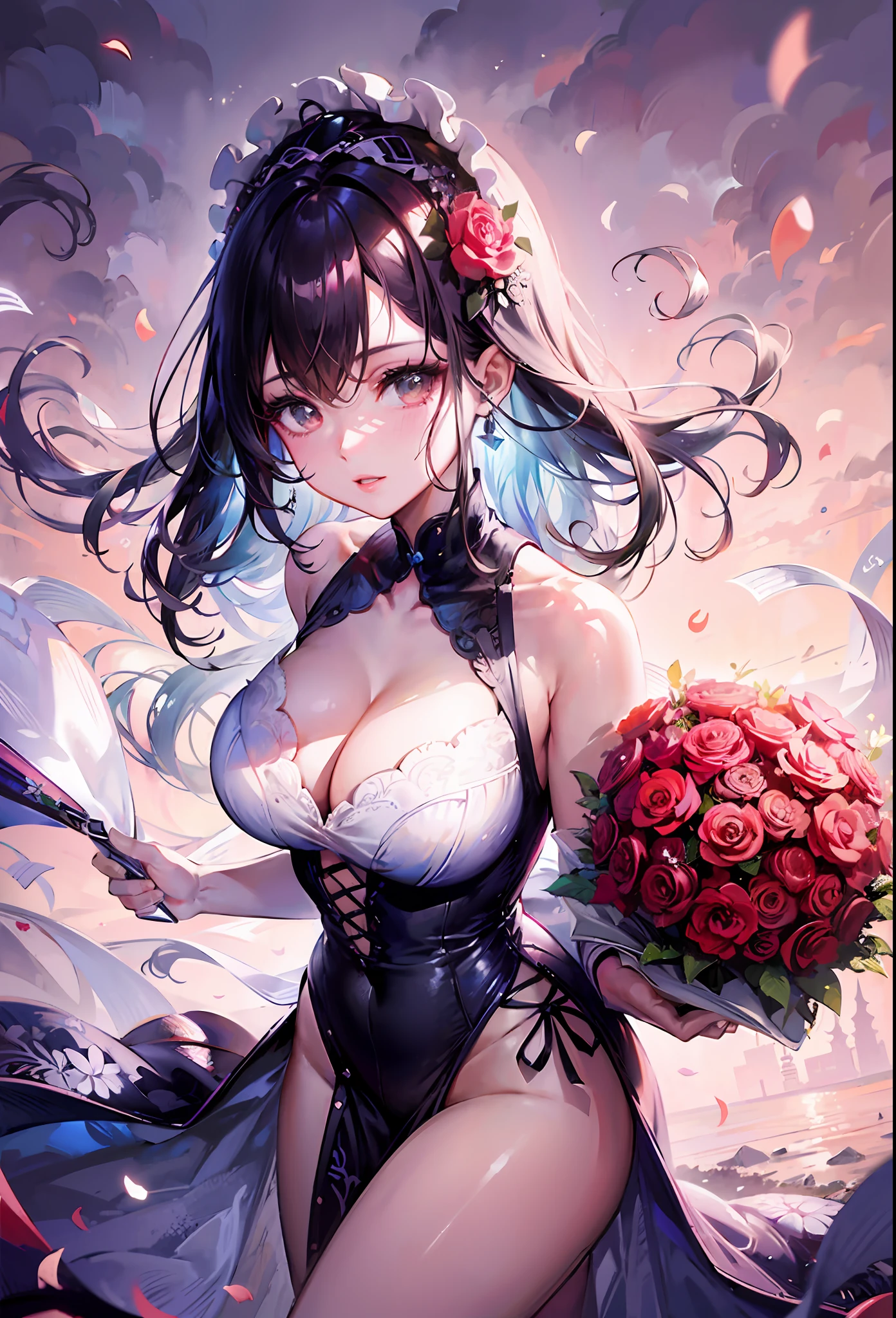 a woman in a dress holding a bouquet of flowers, guweiz on pixiv artstation, trending on artstation pixiv, guweiz on artstation pixiv, nightcore, guweiz, beautiful anime girl, 🌺 cgsociety, pixiv contest winner, beautiful anime woman, beautiful alluring anime woman, artwork in the style of guweiz