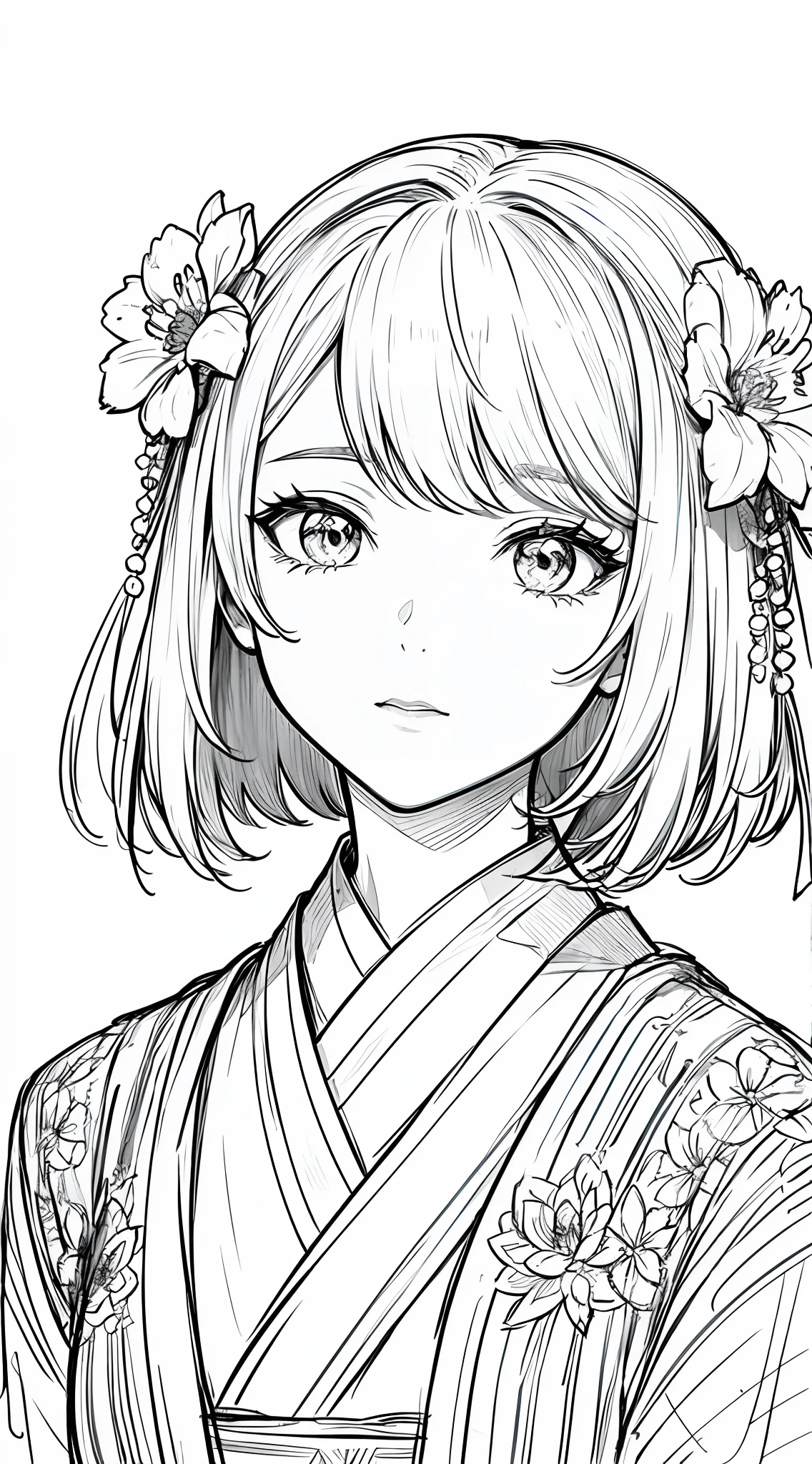 masterpiece, acura, doll, solo, hanfu, short hair,close-up, flower line drawing background, white background, monochrome, line drawing, ((sketch))