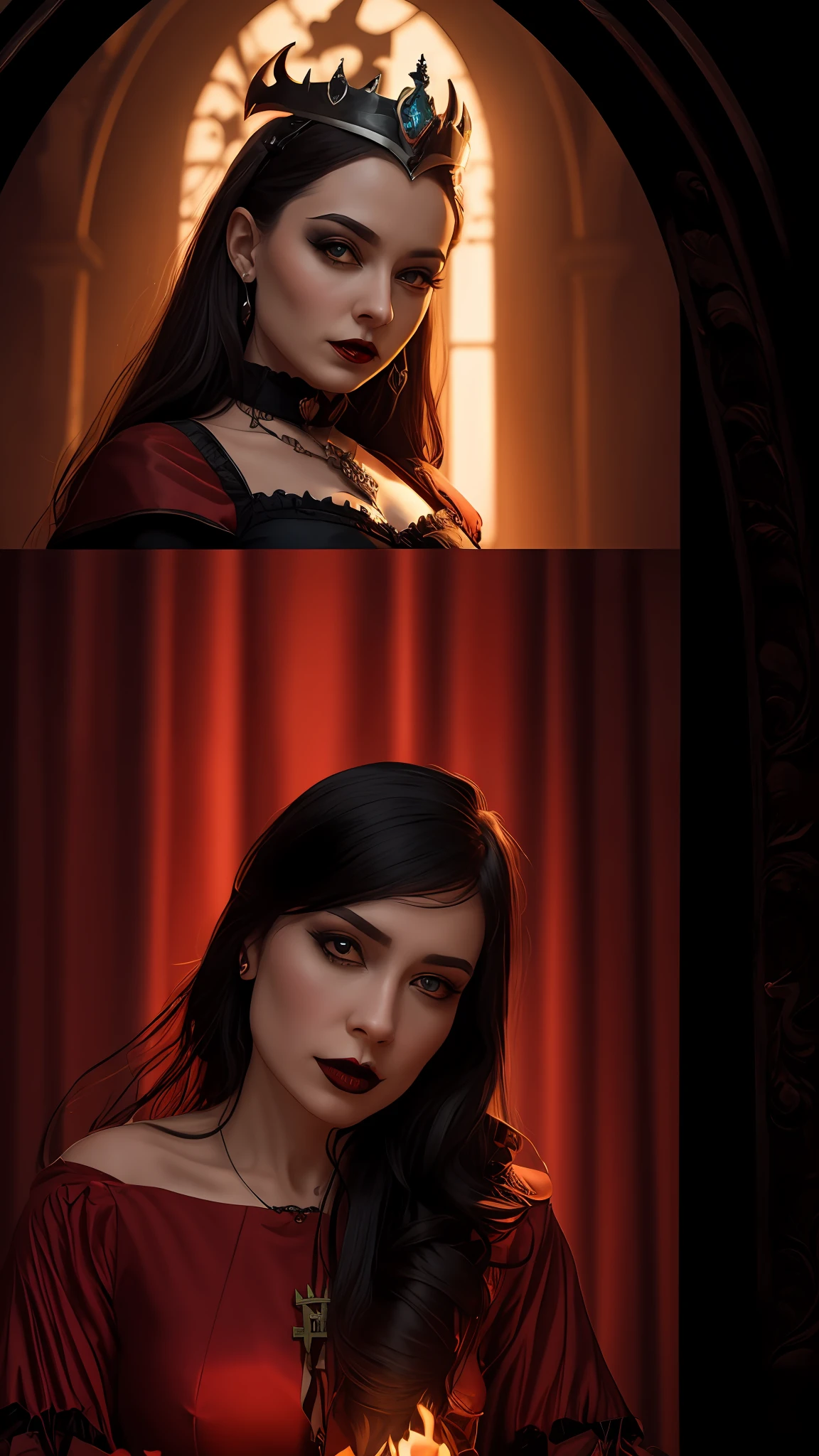 Thin, (Best Illustration), 1 Woman, 8k Resolution, Intricate Details, Best Quality, Realistic Face, Ultra Detailed, Best Lighting, Best Shadows, Ultra HD, A Necromancer, Night, Magic, Dark Style, Elizabeth Bathory, Soft Vampire Queen, Gothic Queen, Detailed Black and Red Gothic Queen Dress Outfit, Black and Red Iris Eyes, Throne Room Scenery, Gothic Style Throne Empty Spikes in Top Right Corner of Image, dragon emblem flags