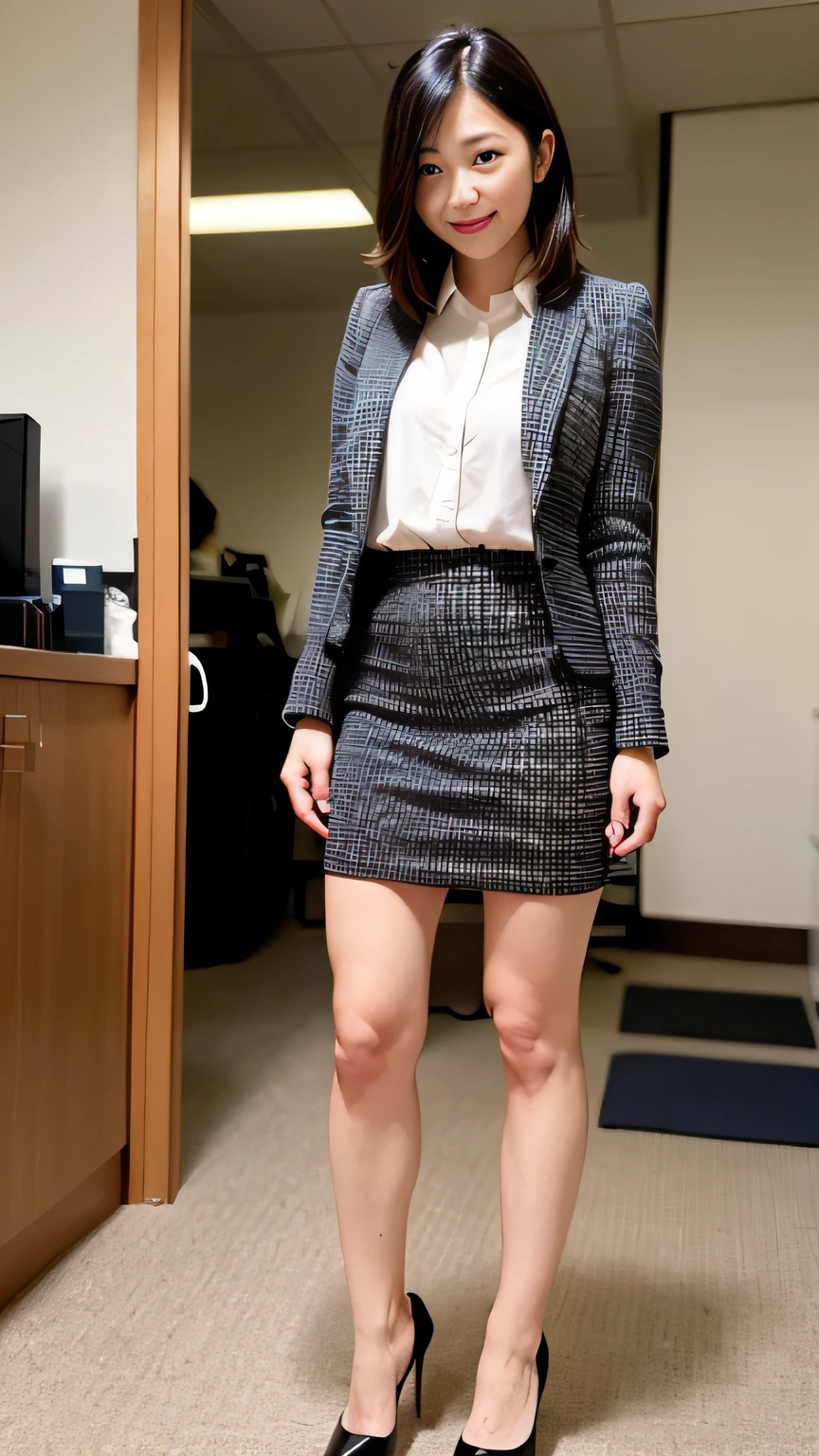 (8K, Best Quality, Masterpiece: 1.2), (Realistic, Photorealistic: 1.37), Super Detail, Japan People, Girls Only, Beautiful, (Full Body: 1.4), (40s: 1.6), (Wrinkles: 0.9), Best Style, Beautiful Legs, Precise Hands, Perfect Face, Inside the Office, Business Suit, Tight Skirt, Black Heels, Bob Hair, Standing, Panty Show, Front,