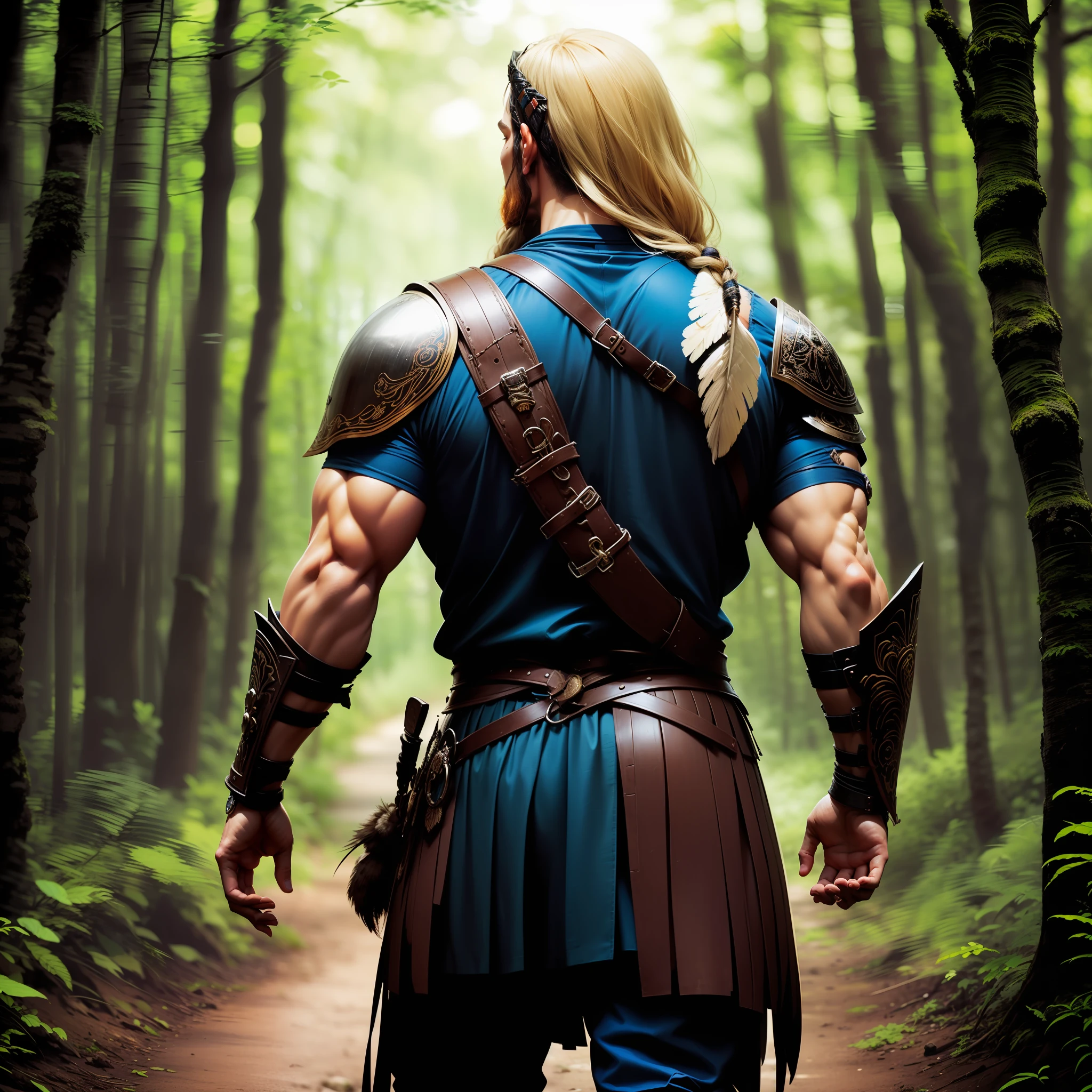 An imposing Viking warrior, with his back to the viewer, walks boldly towards the dense forest. His muscular and strong body is covered by an aged leather armor, decorated with tribal symbols. An immense wooden shield adorned is fastened tightly to his back, as an extension of his own strength. Her blonde hair, braided and entwined with eagle feathers, sways gently in the wind. Despite his fierce and fearless appearance, there is an expression of respect and reverence on his face as he ventures into the unknown forest, ready to face any challenge he may encounter. --auto