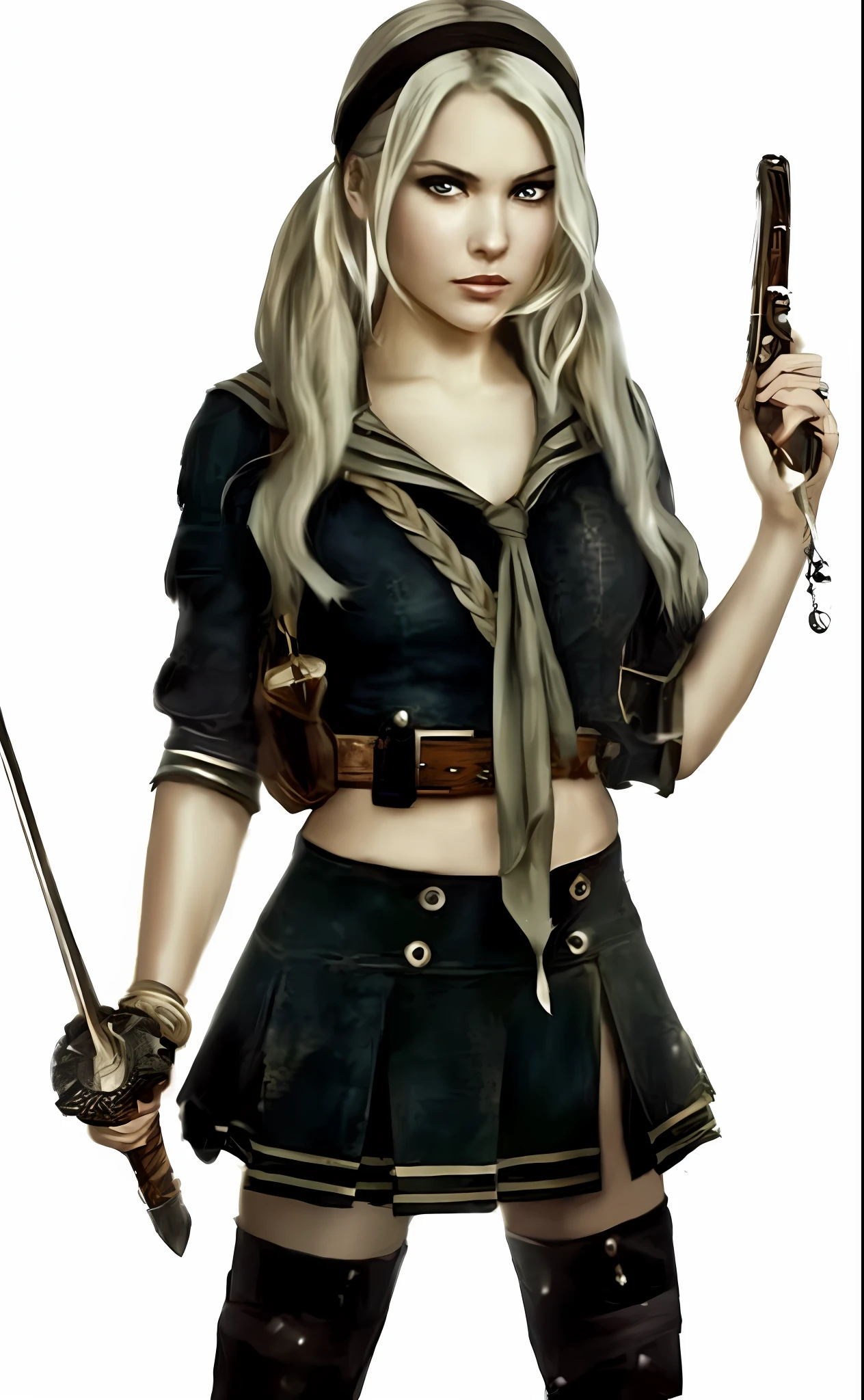 a close up of a woman in a uniform holding a sword, wearing dark maritime clothing, swashbuckler class pirate, dieselpunk soldier girl, fashionable rpg clothing, elisha cuthbert as a rpg warrior, steampunk beautiful anime woman, female pirate captain, realistic character concept art, stunning character art, epic exquisite character art, steampunk girl, girl with warship parts