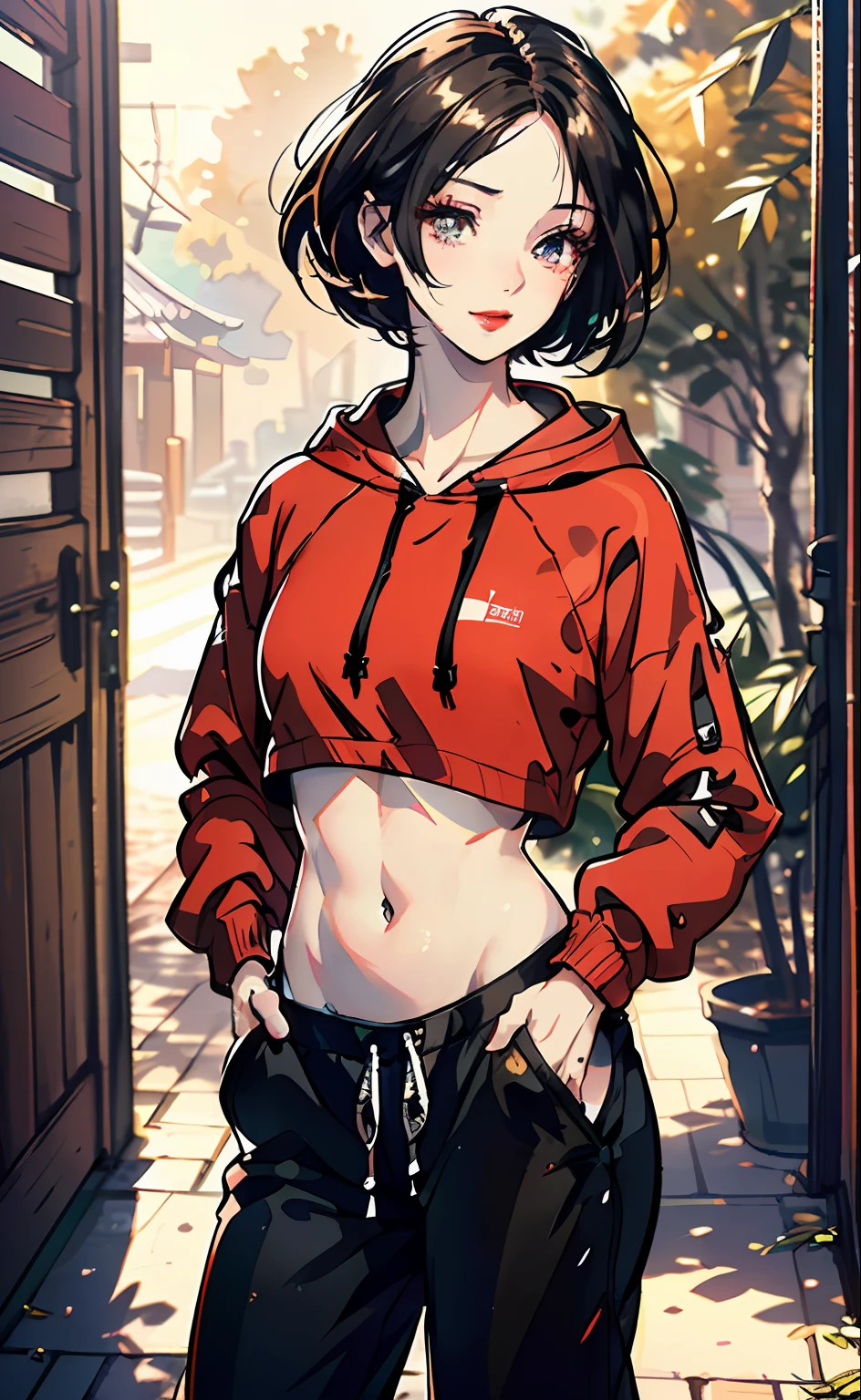 1 girl, beautiful Korean girl, (Cute Loose Bob hair), (wearing a cropped hoodie, capri sweatpants:1.5), (hands in pockets:1.5), (red lips:1.3), (small breasts:1.3), (toned stomach:1.3), (eyelashes:1.2), (aegyo sal:1.2), beautiful detailed eyes, symmetrical eyes, (detailed face), immersive background, volumetric haze, global illumination, soft lighting, (flowing hair), (bright smile), natural lighting, (realistic:1.5), (lifelike:1.4), (4k, digital art, masterpiece), High detail digital painting, realistic, (top quality), (soft shadows), (best character art), ultra-high resolution, highly detailed digital artwork, physically-based rendering, realism with an artistic touch, vibrant colors, f2.2 lens, soft palette, natural beauty.