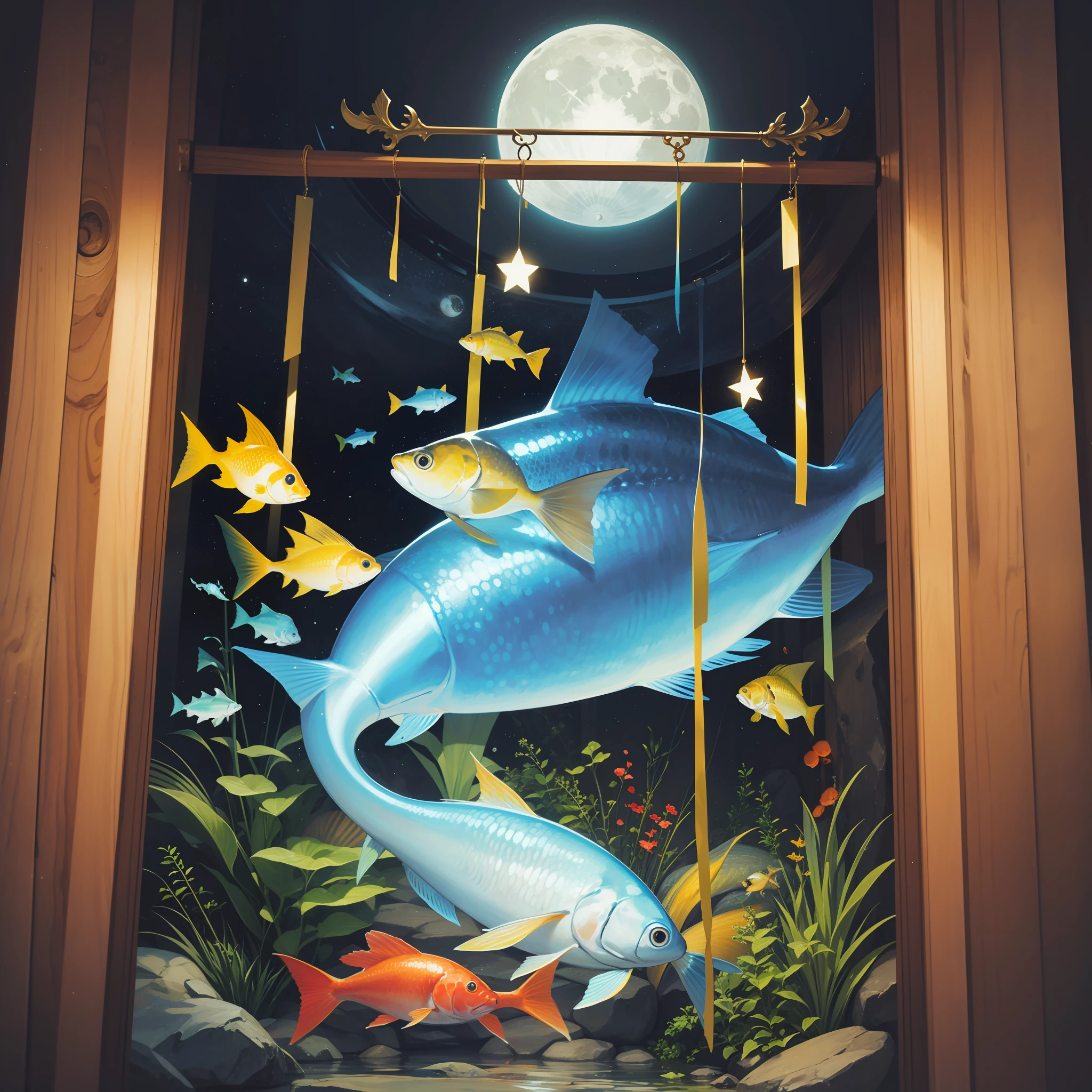 Create an ultra-detailed, multi-layered and textured image of moon astrology in fish