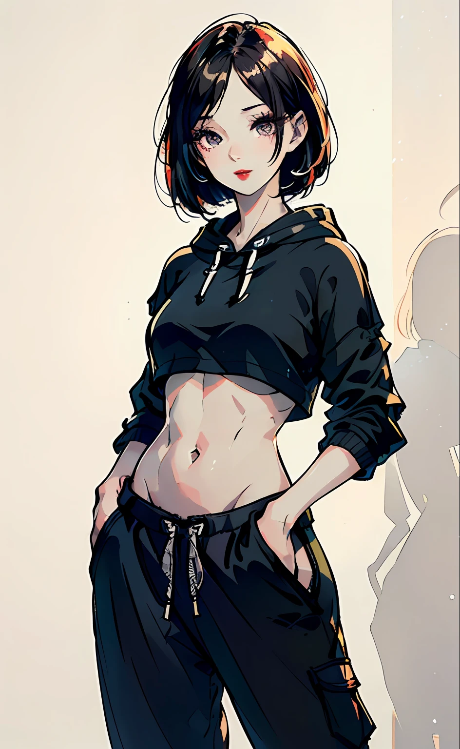1 girl, beautiful Korean girl, (Cute Loose Bob hair), (wearing a cropped hoodie, capri sweatpants:1.5), (hands in pockets:1.5), (red lips:1.3), (small breasts:1.3), (toned stomach:1.3), (eyelashes:1.2), (aegyo sal:1.2), beautiful detailed eyes, symmetrical eyes, (detailed face), immersive background, volumetric haze, global illumination, soft lighting, (flowing hair), (bright smile), natural lighting, (realistic:1.5), (lifelike:1.4), (4k, digital art, masterpiece), High detail digital painting, realistic, (top quality), (soft shadows), (best character art), ultra-high resolution, highly detailed digital artwork, physically-based rendering, realism with an artistic touch, vibrant colors, f2.2 lens, soft palette, natural beauty.