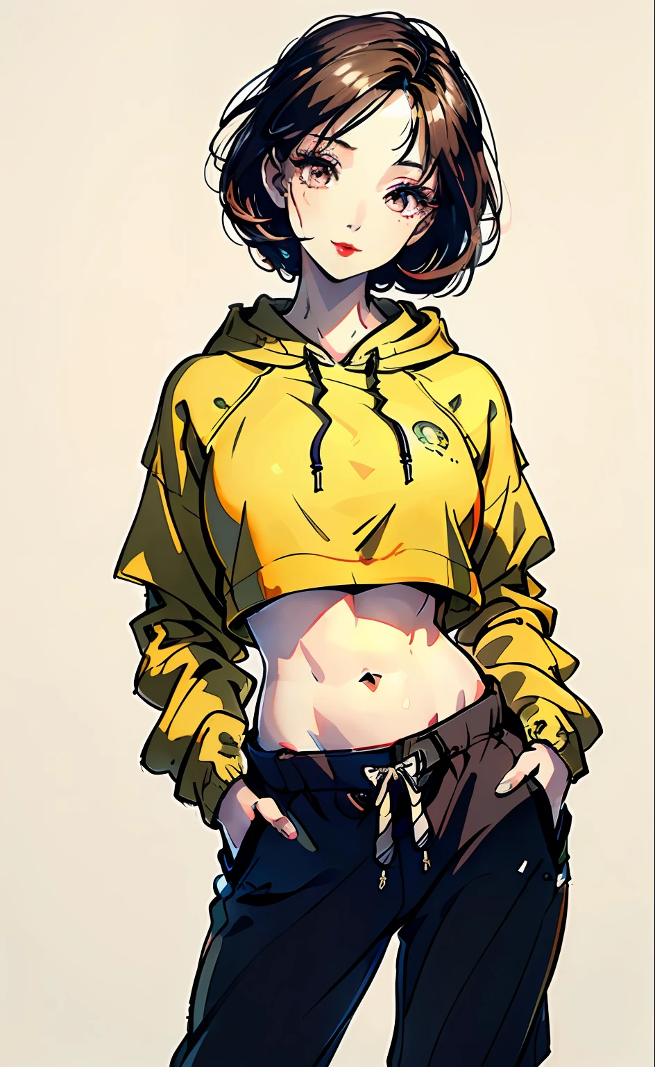 1 girl, beautiful Korean girl, (Cute Loose Bob hair), (wearing a cropped hoodie, capri sweatpants:1.5), (hands in pockets:1.5), (red lips:1.3), (small breasts:1.3), (toned stomach:1.3), (eyelashes:1.2), (aegyo sal:1.2), beautiful detailed eyes, symmetrical eyes, (detailed face), immersive background, volumetric haze, global illumination, soft lighting, (flowing hair), (bright smile), natural lighting, (realistic:1.5), (lifelike:1.4), (4k, digital art, masterpiece), High detail digital painting, realistic, (top quality), (soft shadows), (best character art), ultra-high resolution, highly detailed digital artwork, physically-based rendering, realism with an artistic touch, vibrant colors, f2.2 lens, soft palette, natural beauty.