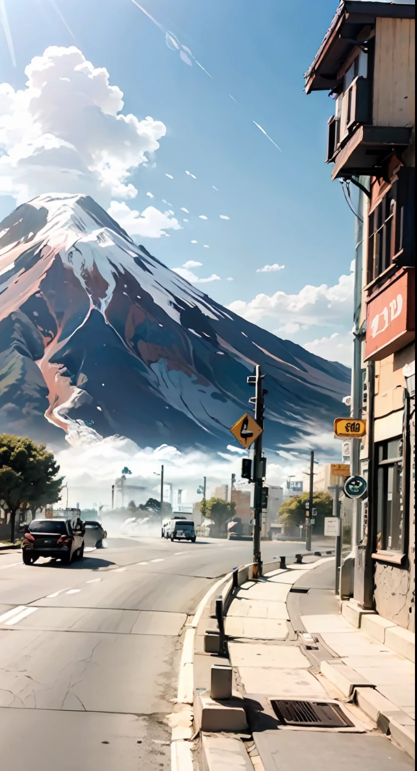 there is a man standing next to a sign that says the way to the top of a mountain, in background, with a volcano in the background, standing close to volcano, moutain in background, touring, background image, surreal!!!, volcanoes in the background, mountain, in volcano, wallpaper!, standing!!, snapchat photo, captured on iphone, photography, sharpness,f1.6 lens, rich color, hyperrealistic texture, spectacular light texture, surreal art, Cinestil 800 fashion mechanism, unified 8k wallpaper, ultra detail, beautiful and beautiful, beautiful, masterpiece, best quality, ultra fine photos, best quality, ultra high resolution, photorealistic realism, sunlight, full body portrait, detailed complex busy background, messy and gorgeous milky white, highly detailed skin, realistic skin details, visible pores, sharp focus, volumetric fog, 8k UHD, DSLR, high quality, film grain, fair skin, photorealism, lomography,