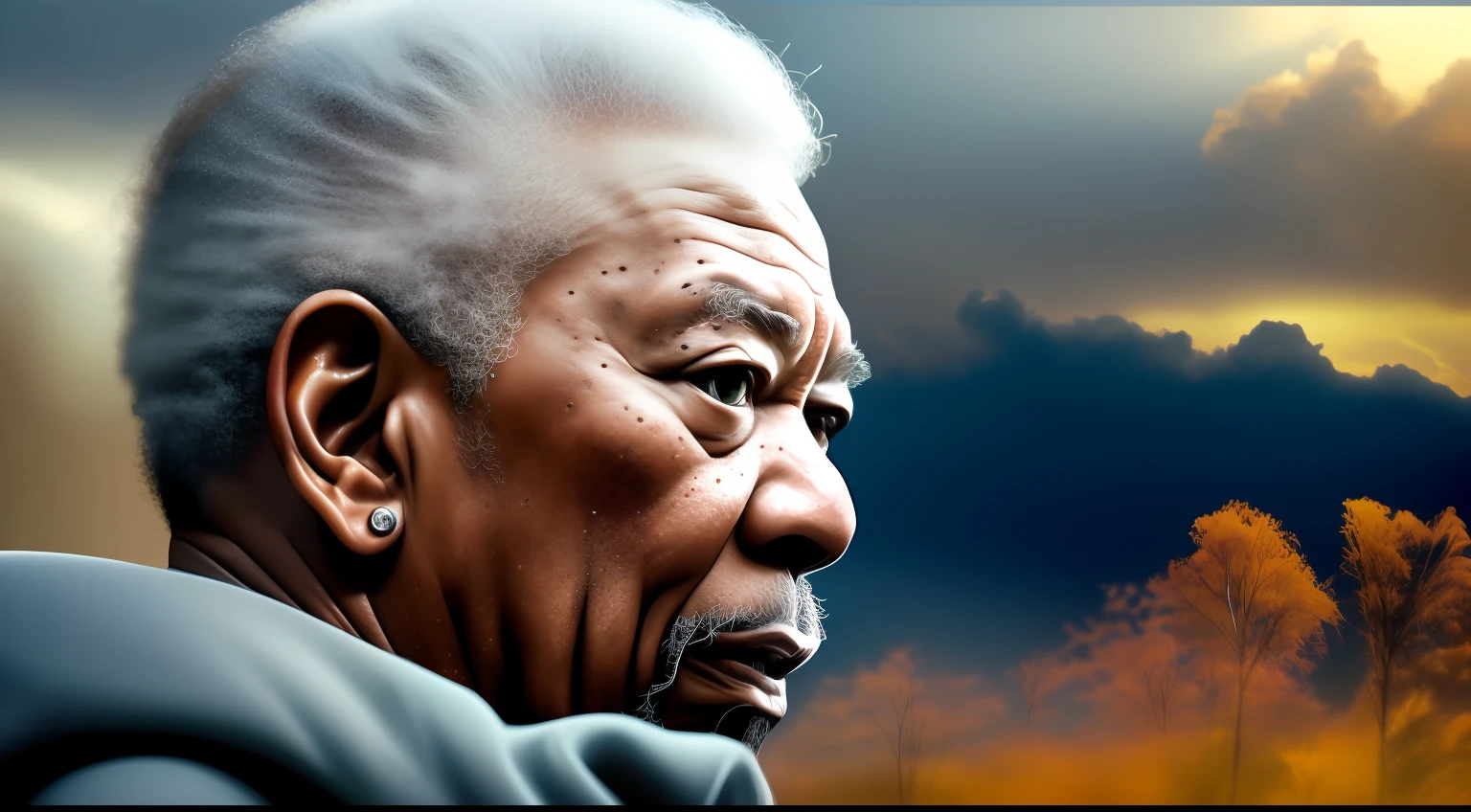 A Profile photo, half distance, Morgan Freeman, angry, screaming expression, award-winning dramatic and stunning photo, dramatic linear delicacy, shot on sony aiii high-resolution digital camera, hyper-realistic skin, large skin pores, large nerves in the head, realistic wrinkles, hyper contrast, sweat running down the face, protruding spots on the skin, global lighting, very natural features, weather cover photo, f/ 11