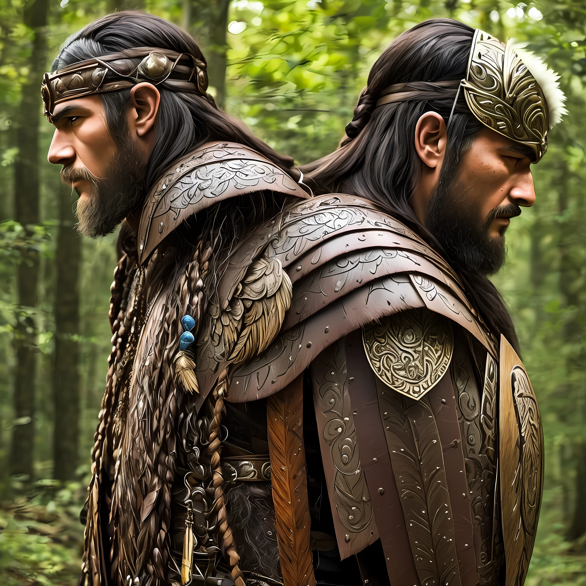 An imposing Viking warrior, with his back to the viewer, walks boldly towards the dense forest. His muscular and strong body is covered by an aged leather armor, decorated with tribal symbols. An immense wooden shield adorned is fastened tightly to his back, as an extension of his own strength. Her blonde hair, braided and entwined with eagle feathers, sways gently in the wind. Despite his fierce and fearless appearance, there is an expression of respect and reverence on his face as he ventures into the unknown forest, ready to face any challenge he may encounter. --auto