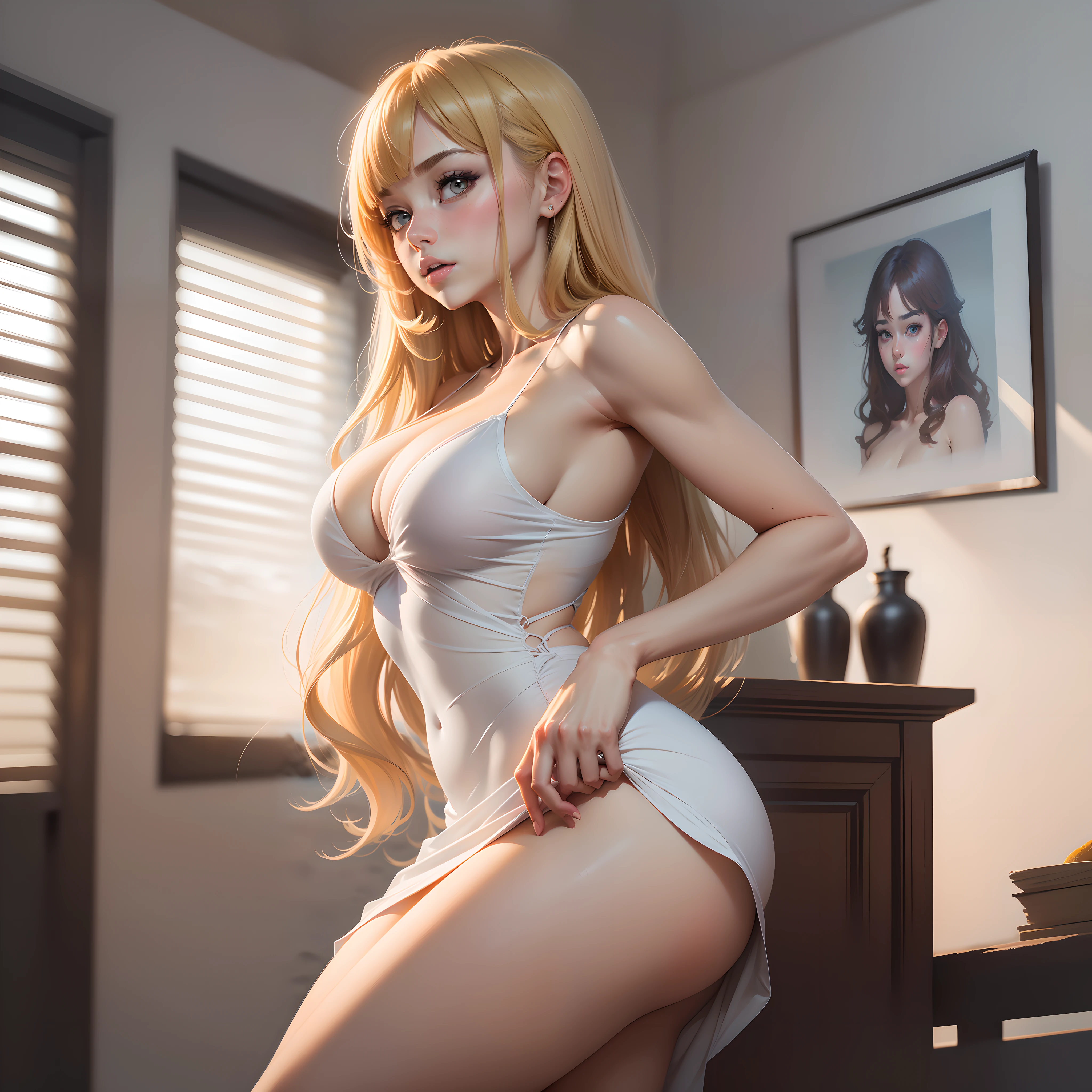 ((masterpiece)),(((best quality)), illustration, 1 girl, hair color, bangs, fax combed, perfect eyes, greek face, neutral background, very sensual pose, feminine, short dress, perfect hand, (((big chest))),(((perfect giant ass))), perfect body, long blonde hair, beach background, high, full hd 4k, masterpiece, no frame