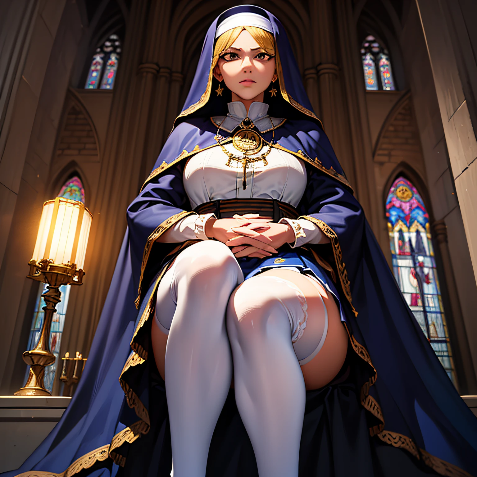 (realistic:1.3), finely detailed, quality, rembrandt lighting, (masterpiece:1.2), (photorealistic:1.2), (best quality), (detailed skin:1.3), (intricate details), dramatic, ray tracing, 1girl, blonde hair, serious face, medium breasts, nun, capelet, blue dress, long sleeves, short skirt, blue skirt, (white thighhighs:1.2),, white pumps, necklace, earrings, purple bowtie, sitting, (from below, gothic cathedral, stained glass windows, holy relics, holy symbols, dramatic lighting),