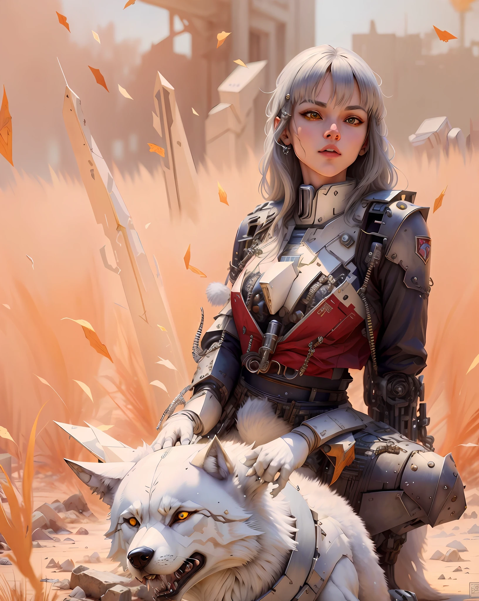"(Masterpiece), highest quality, super detailed, extremely detailed depicts a magnificent picture of the (white wolf) mecha "White mecha war wolf, white wolf in armor