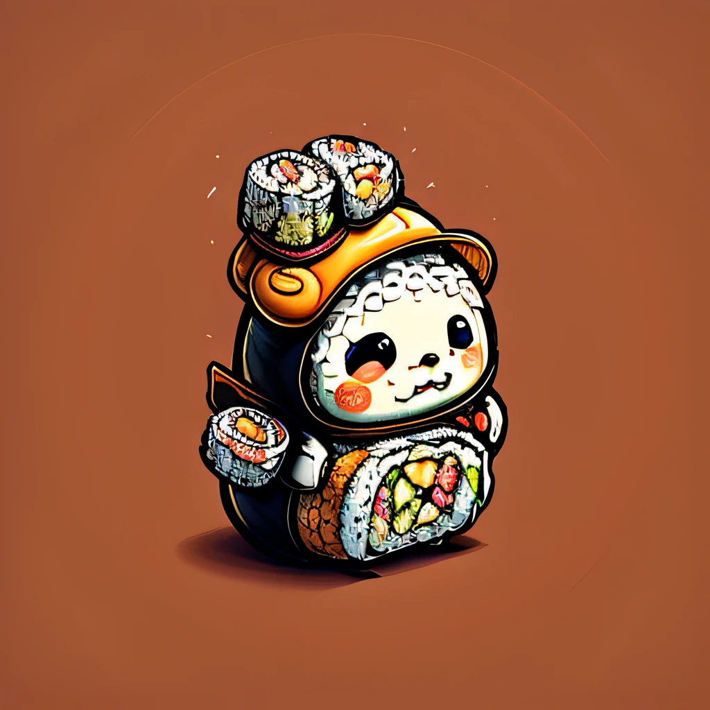 A charming sushi character, a lovable anthropomorphic nigiri with a smiling face, rosy cheeks, and expressive eyes, wearing a tiny chef's hat and holding a tiny soy sauce bottle, surrounded by colorful sushi rolls as a t-shirt logo in the style of art