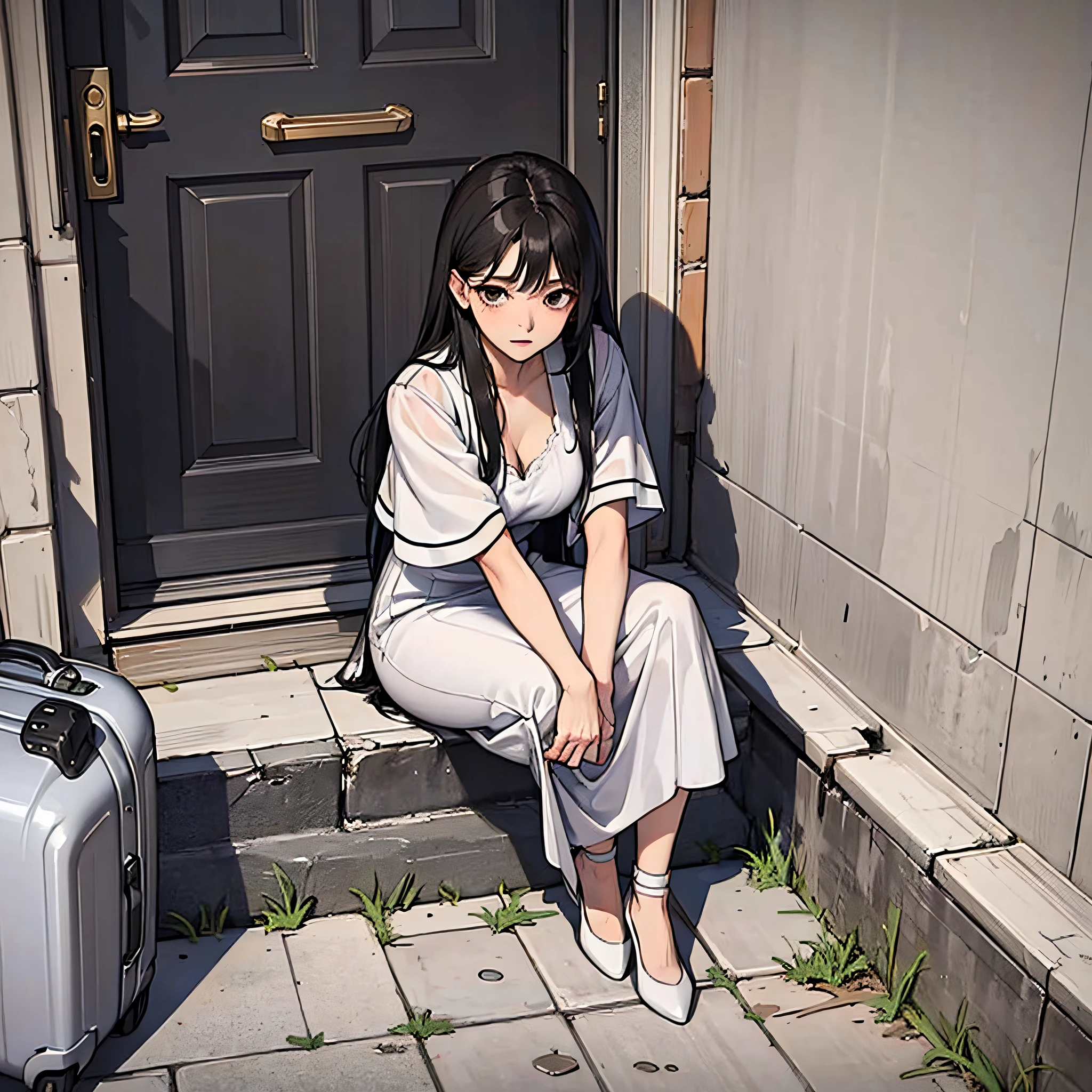 A woman with long black hair, wearing a white dress, collapsed outside the door, her luggage fell to the ground, looked at the camera, and had an uncomfortable expression