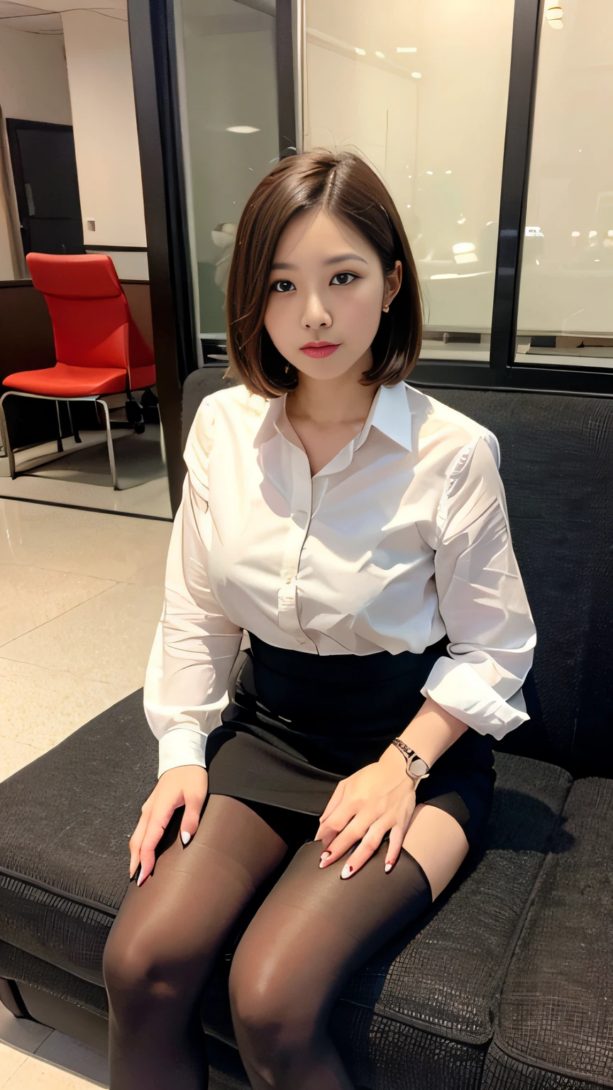 (8K, Best Quality, Masterpiece: 1.2), (Realistic, Photorealistic: 1.37), Super Detail, Japan People, Women, Beautiful Women, (Full Body: 1.4), (40s: 1.6), (Wrinkles: 0.9), Best Style, Beautiful Legs, Precise Hands, Perfect Face, Office, Business Suit, Tight Skirt, Pantyhose, Black Heels, Bob Hair, Sit on the Sofa, Show Panties, front