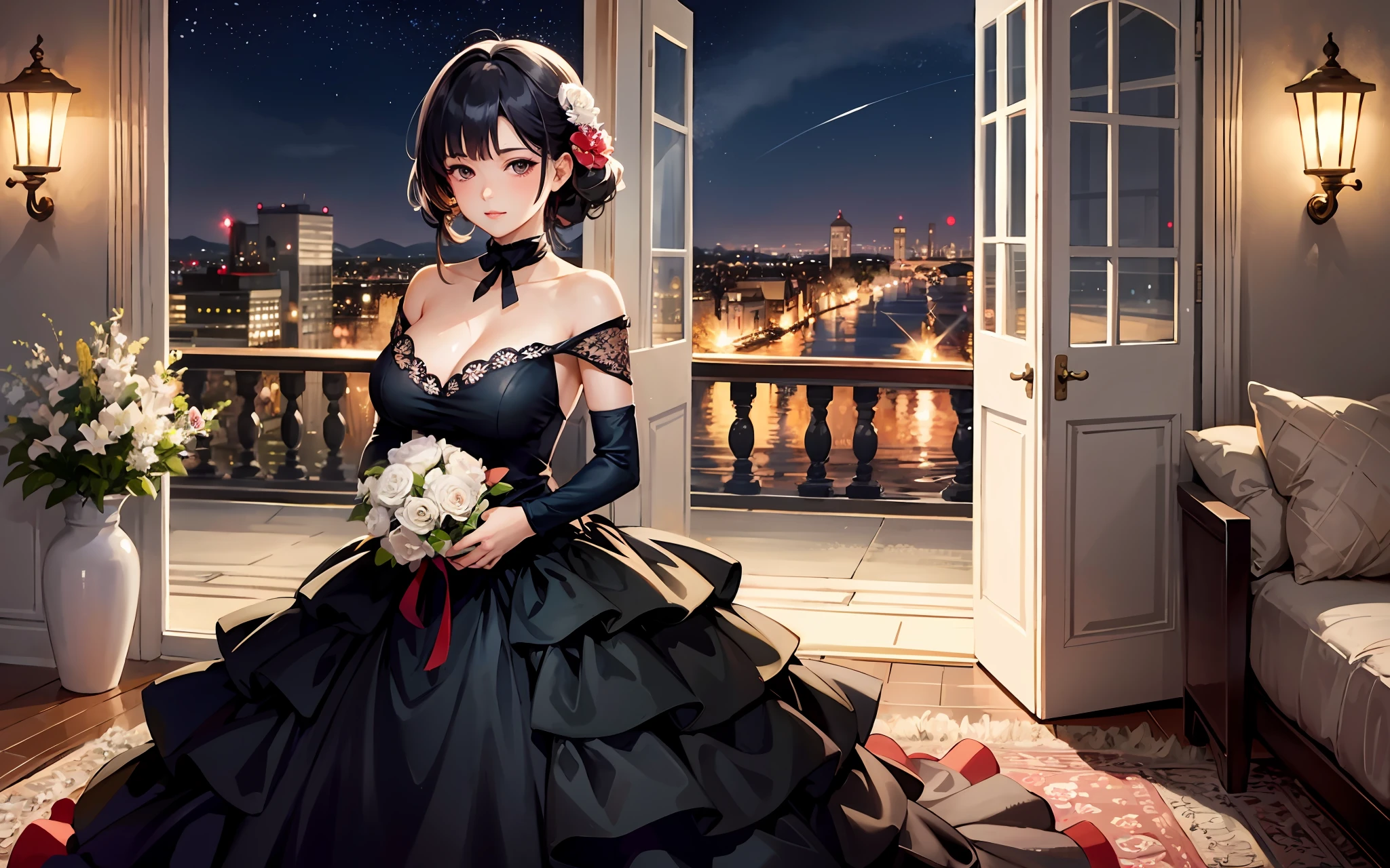 A woman in a dress holding a bouquet of flowers, Guvez on Pixiv Art Station, Trends on Art Station Pixiv, Guviz on Art Station Pixiv, Night Core, Guvitz, Beautiful Anime Girl, CGsociety, Pixiv Contest Winner, Beautiful Anime Woman, Beautiful Seductive Anime Woman, Guviz style artwork, 🌺 Big breasts