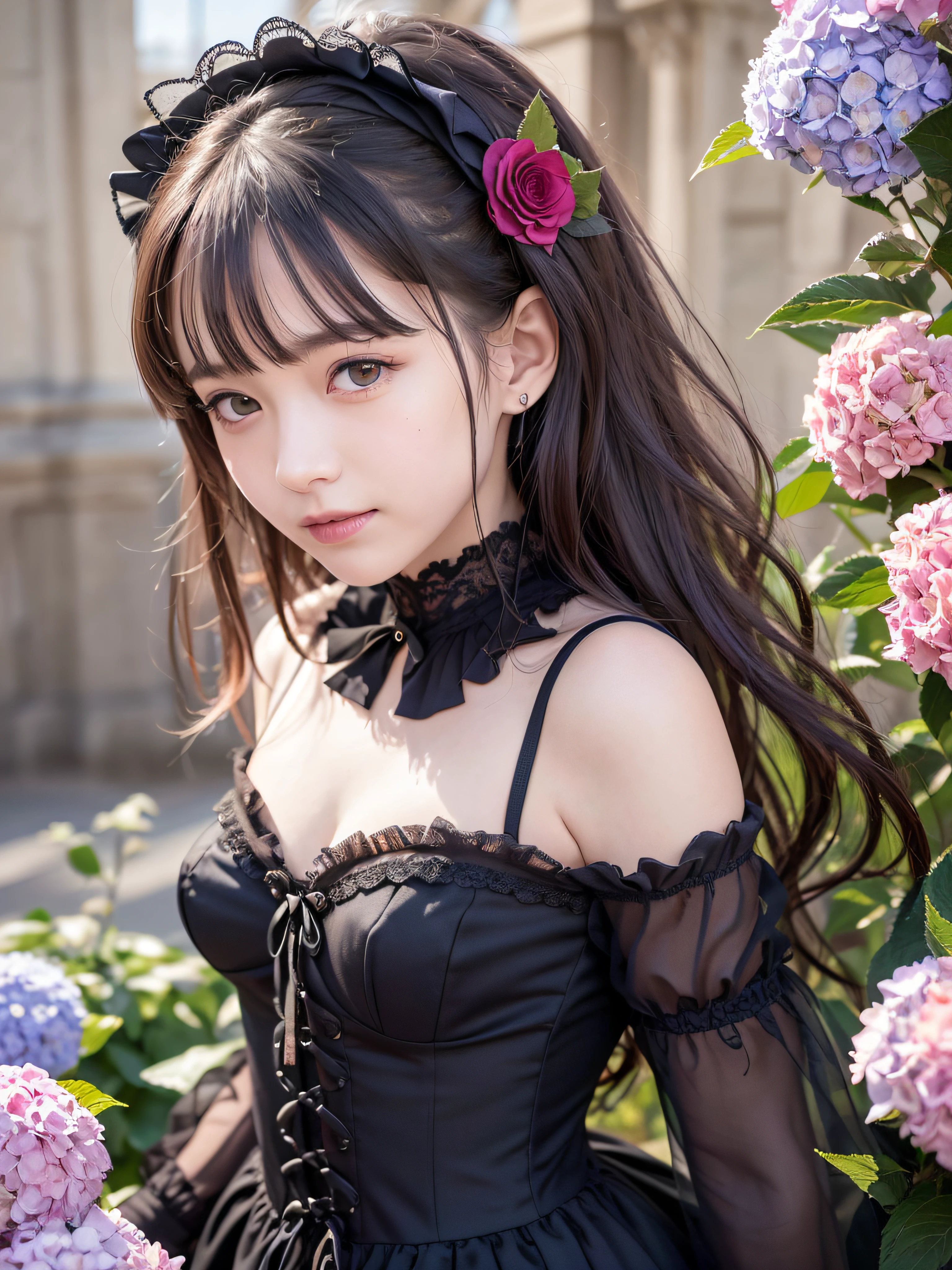 (realistic, photo-realistic:1.37), incredibly absurdres, (insanely detailed:1.3), 8k, (masterpiece), (best quality:1.4), (ultra high res:1.2), (RAW photo:1.2), ultra detailed background, (unity 8k wallpaper), 1 nogizaka girl, utterly cute, bishojo, 12yo, (gothic lolita fashion), an exquisitely detailed and beautiful face and eyes and skin, detailed black shine hair, small-medium breasts, cleavage, open chest, elegant frills, frilled tie, ribbon tie, hydrangea hair accessory, a dress with delicate lace, soft fabric, and a beautiful hydrangea pattern, smile at the camera, cowboy shot, castles scenery in europe, professional lighting