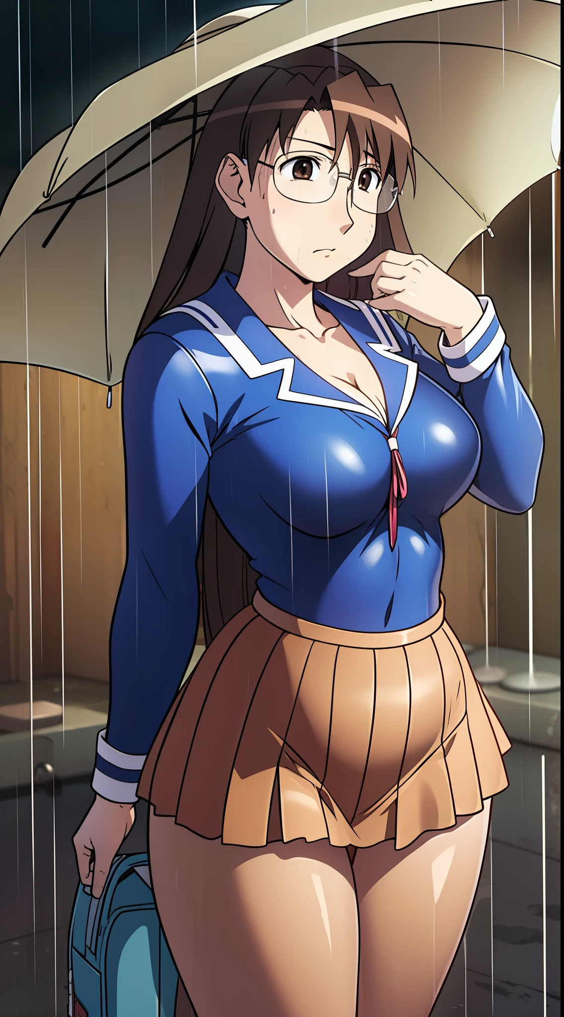 Koyomi mizuhara, brunette hair, girl, glasses, pouty kiss, breasts, cleavage in view, swiftly sailor outfit, brown skirt, soaking wet, in the rain, cameltoe view