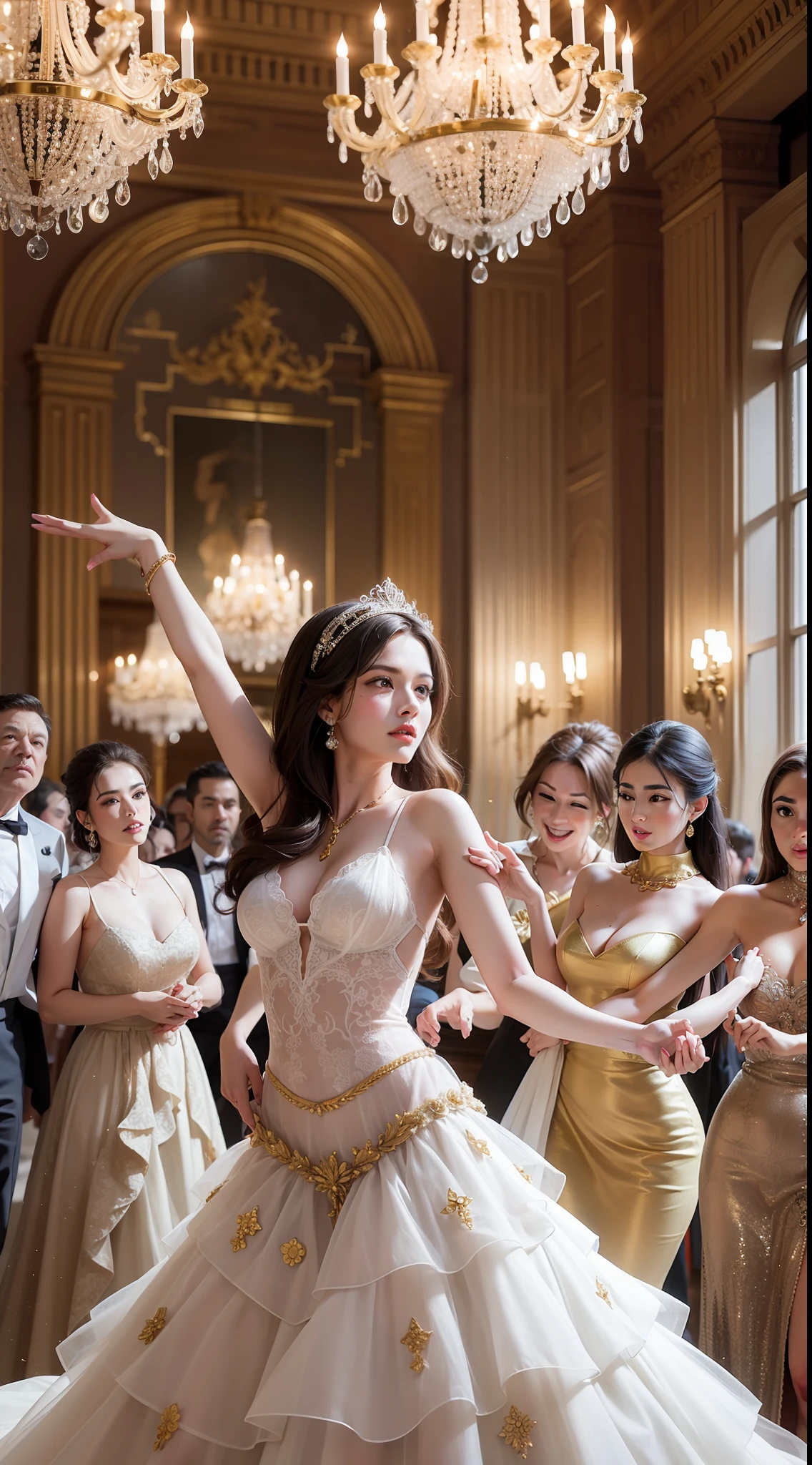 Masterpiece Photography Ultra realistic, hyper realistic, hyper details, 12k, 8k, 4k, In a romantic scene, the actor shares a passionate embrace wiThe camera captures a dance sequence, with the famous actor gracefully leading a group of mesmerizing women, their synchronized movements and radiant smiles adding an extra layer of charm and elegance to the performance. The dance unfolds in a grand ballroom adorned with ornate chandeliers and gilded decor, transporting the audience to a bygone era of glamour and sophistication.