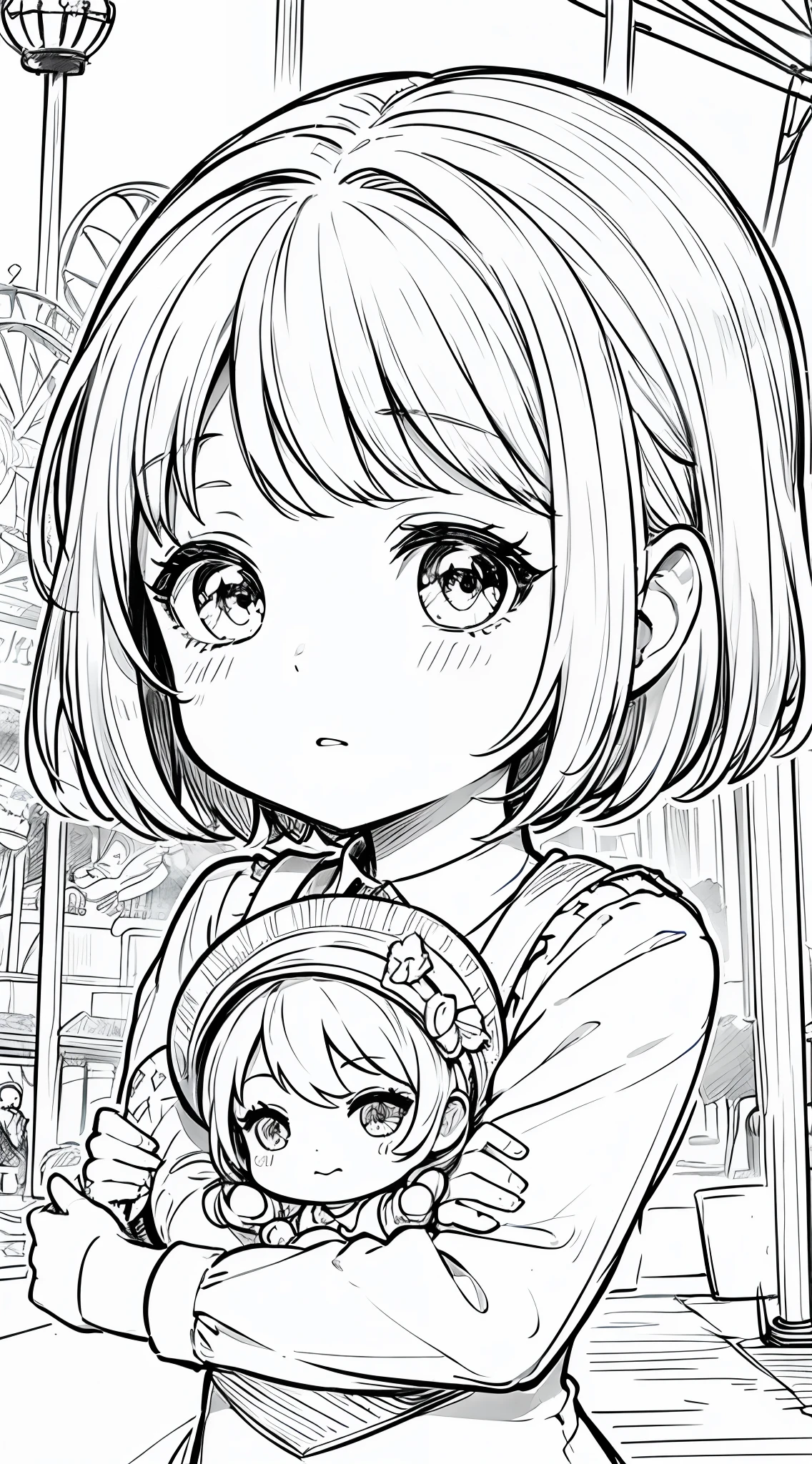 Masterpiece,Chibi,doll,short hair,close up head,amusement park background in lines,,monochrome,line drawing,(sketch)