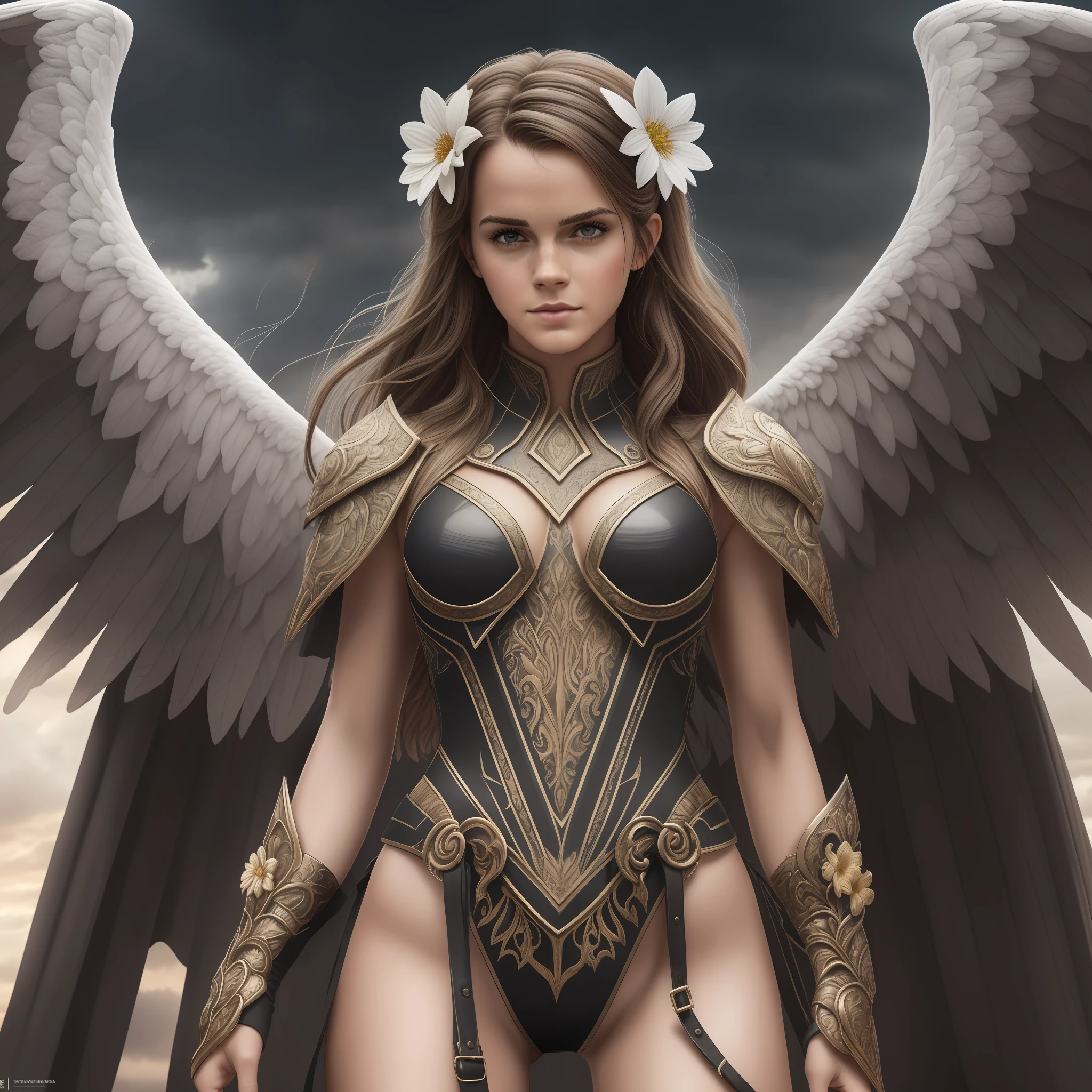 (Emma Watson: 1.4), (full body, 1.6), walking pose, slow motion, (8k, best quality, masterpiece:1.2), RAW, beautiful woman, semi-open strawberry lips, dimples, wistful look, (extra long wavy brown hair), ((detailed face)), ((detailed facial features)), (finely detailed skin), pale skin, (realistic, photo-realistic:1.37), seductive eyes, top quality, masterpiece, center of frame , natural lighting, ultra-detailed high res, multi-layered stitched, (white silk cloak), (intricately patterned cloth:1.2), (insanely detailed, flowering:1.5), (high sharpness), (detailed pupils:1.1), ((hyper realistic hands: 1.6)), ((hyper realistic feet: 1.6)), (Crisp Focus: 1.2), (photorealistic:1.4), (direct light:0.4), grain of 8mm film, (detailed) photographed on a Canon EOS R5, 50mm lens, F/2.8, HDR, (8k) (wallpaper) (cinematic lighting) (dramatic lighting) (sharp focus) (intricate), RAW photo, RAW photo, gigachad photo, posing for camera, arms behind, 8k uhd, dslr, high quality, film grain, Fujifilm XT3, extremely detailed, photorealistic, realistic, incredibly absurd, highly detailed, sharp focus deep focus, (RAW), 8k, angel of death, innocent, eyes, diadem, angel wings, wings placed behind shoulder blades, black clothes, arms behind back, sky, halo, post-apocalypse, detailed armor, (Beautiful eyes), (Detailed eyes), (Detailed face), symmetrical eyes, sharp eyes, cold face , full body), (HIGH LEVEL OF DETAIL), (sweaty), thin waist, high detailed skin, uncharacterized texture, hyper detailed, realistic skin texture, armor, best quality, by Legend of the Cryptids, deep in a scorched earth dimly lit and with storm clouds