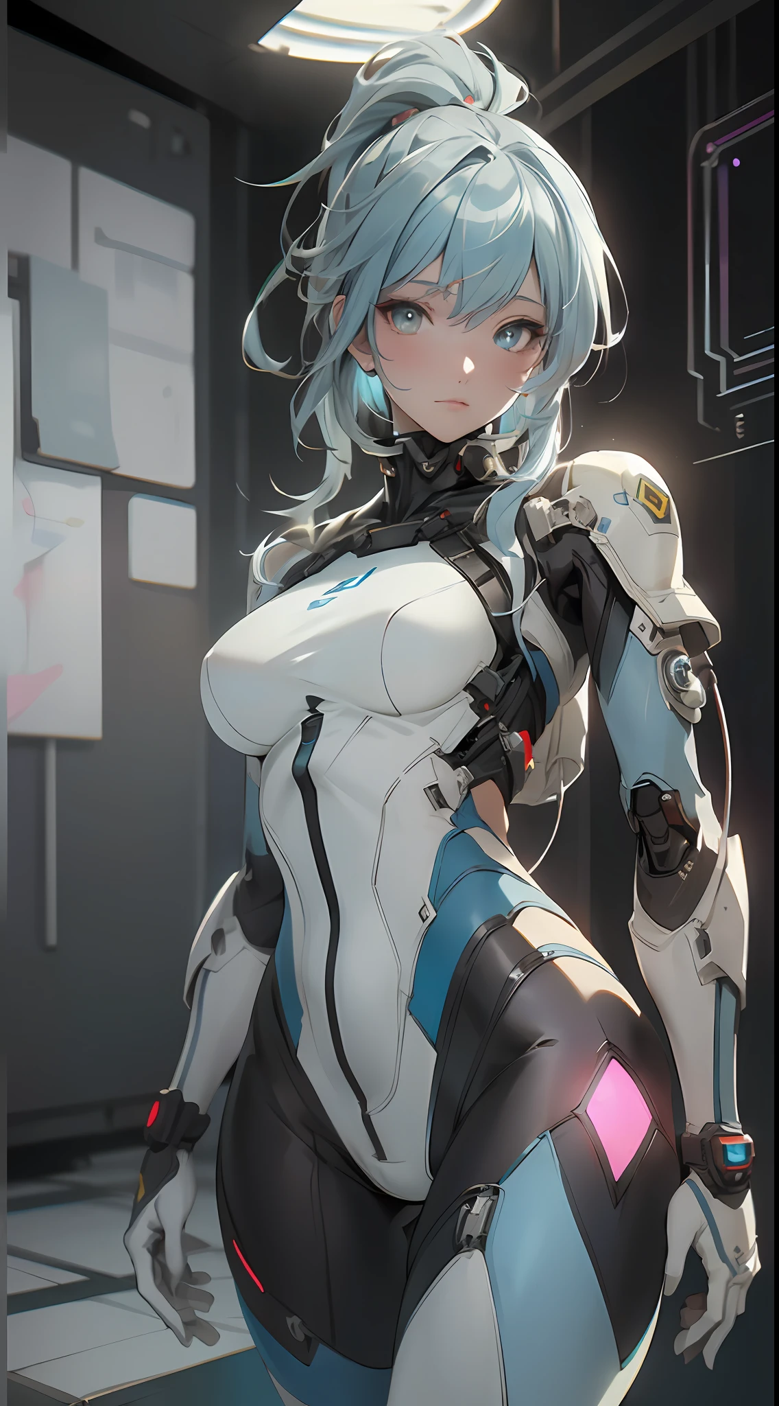 ((Best Quality)), ((Masterpiece)), (Detailed: 1.4), 3D, An Image of a Beautiful Cyberpunk Woman,HDR (High Dynamic Range),Ray Tracing,NVIDIA RTX,Super-Resolution,Unreal 5,Subsurface Scattering, PBR Texture, Post-processing, Anisotropic Filtering, Depth of Field, Maximum Clarity and Sharpness, Multilayer Textures, Albedo and Specular Maps, Surface Shading, Accurate Simulation of Light-Material Interaction, Perfect Proportions, Octane Render, Two-tone lighting,Wide aperture,Low ISO,White balance,Rule of thirds,8K RAW, (((masterpiece)))), (((best quality))), ((ultra-detailed)), (highly detailed CG illustration), ((an extremely delicate and beautiful)), cinematic light,((1girl)) , solo, (upper body), (character focus), absurdities, high contrast, extremely detailed, colorful, more detailed, science fiction, nanosuit, high ponytail, (light blue hair), yellow eyes, knee-high boots, (inside the spacecraft), mechanical limbs, large breasts, metal wire,