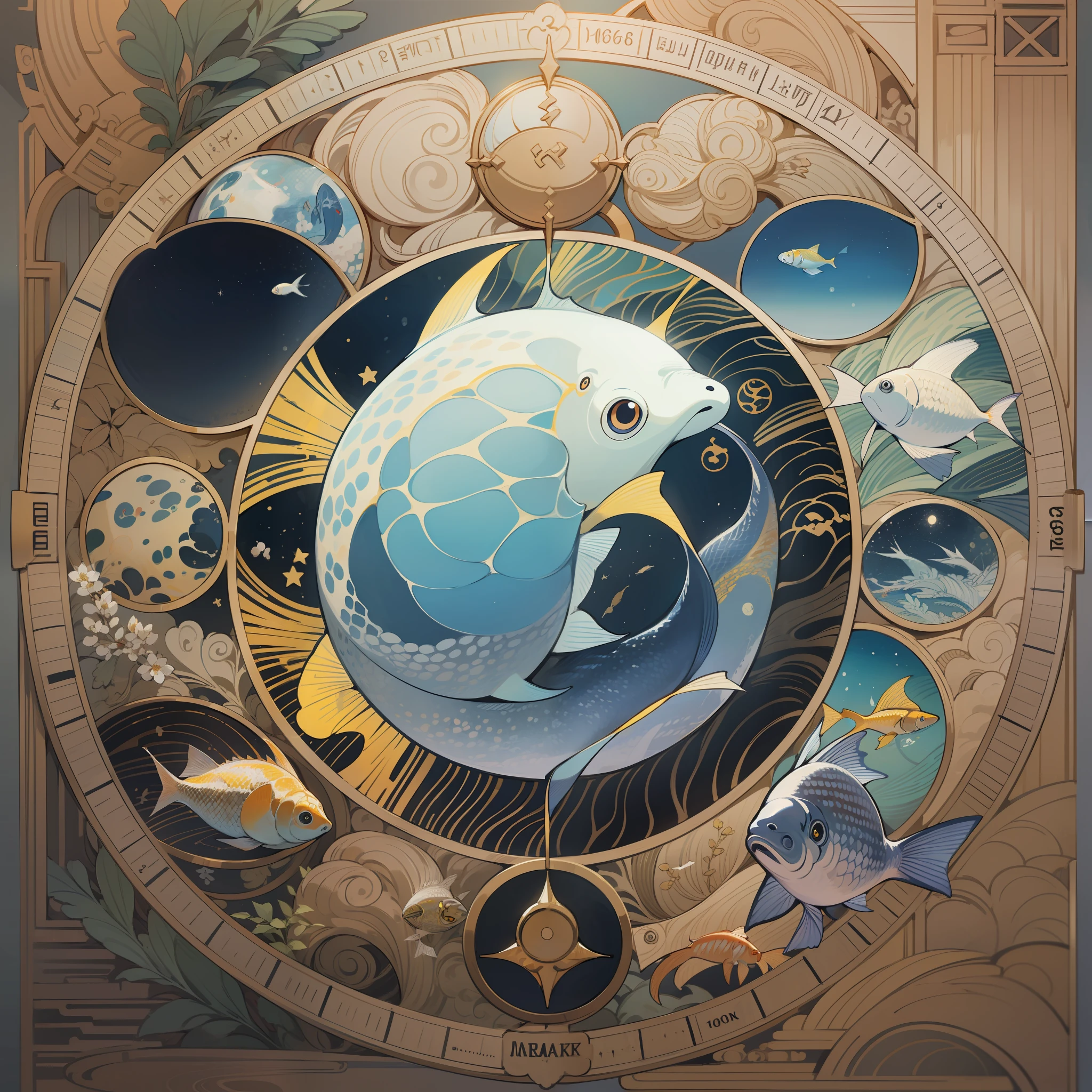 Create an ultra-detailed, multi-layered and textured image of moon astrology in fish