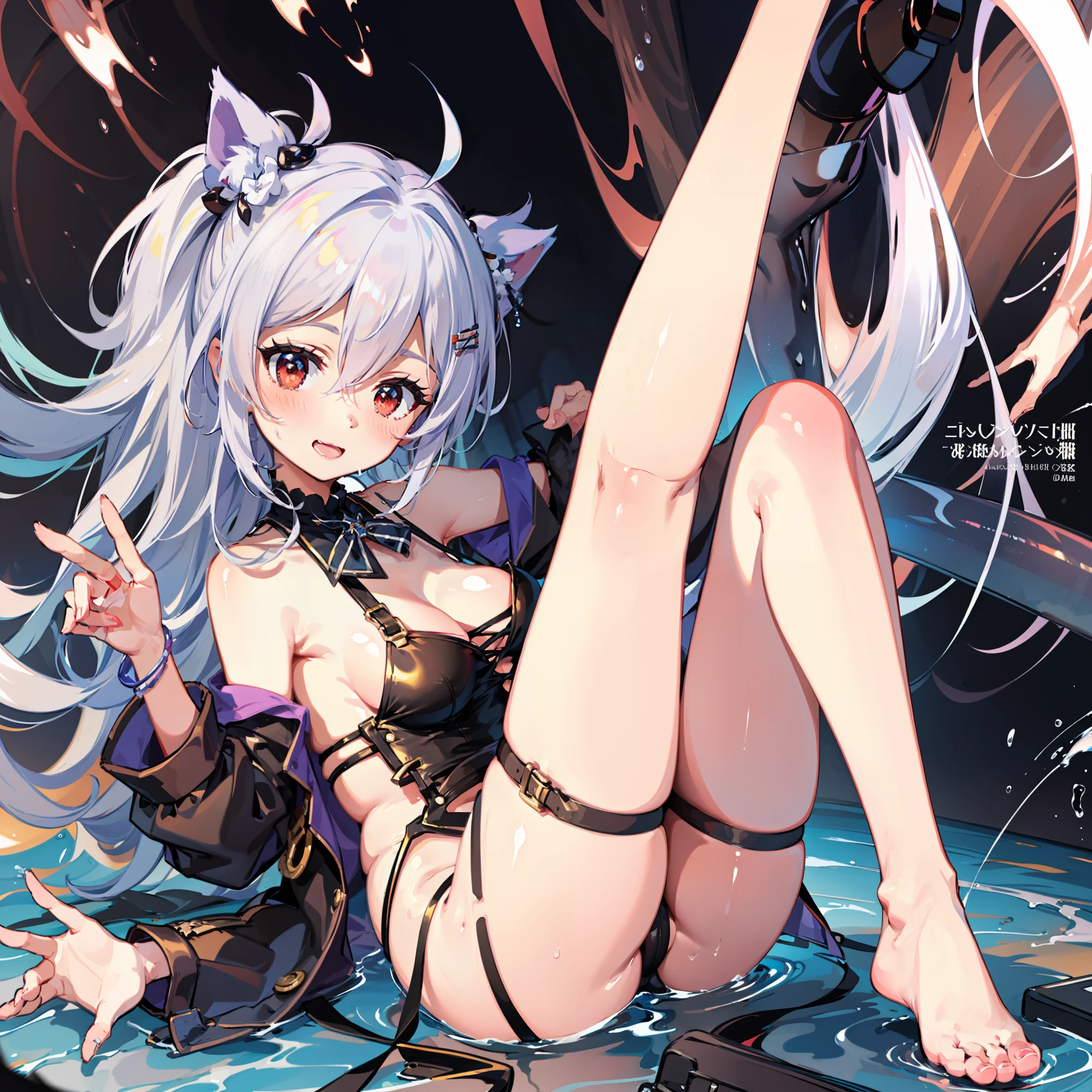 sexy, ,, silver high ponytail, lying down, bare legs, exposed breasts, bigger breasts, lower legs under thighs, no feet exposed, five fingers, blushing, high resolution, big eyes, small mouth, melon seed face, two-dimensional anime, two legs, two arms, white face, no hat, no muscles, high definition, red pupils, soaked, thin legs and long legs, smiling expression, transparent clothes