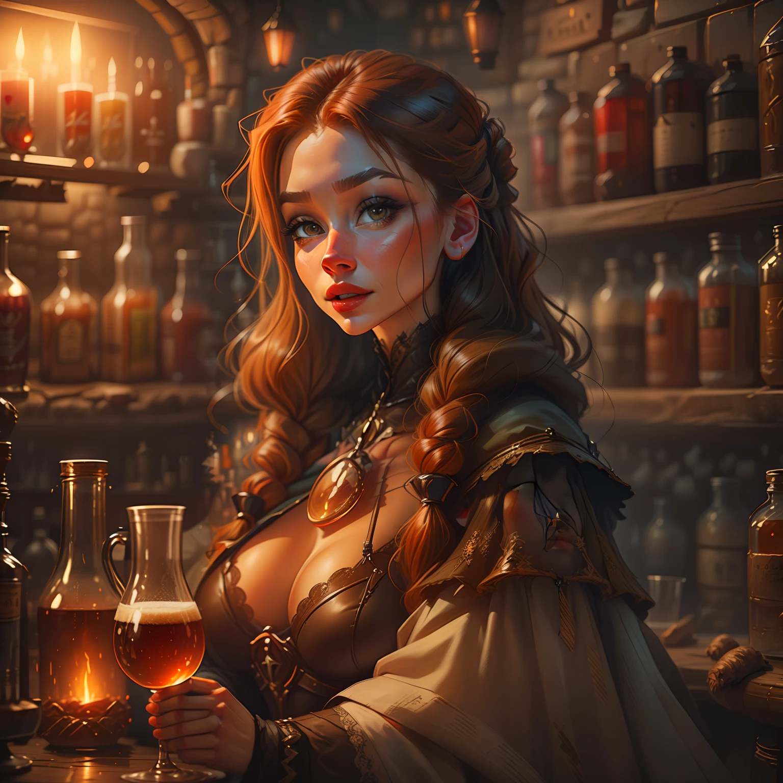 beautiful ginger women in detailed dress at cozy detailed potions shop, air above hair, IPA award wining, masterpiece