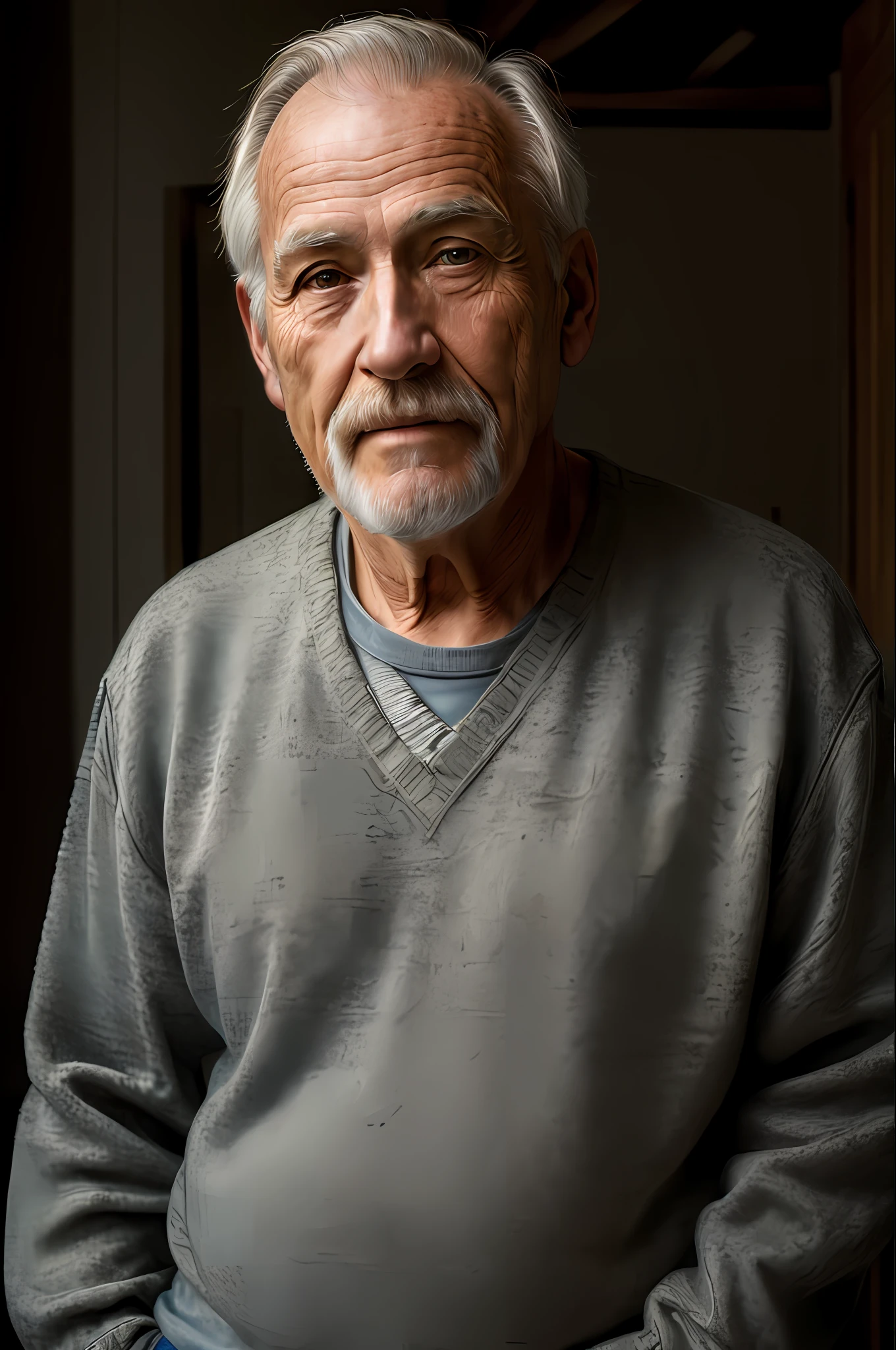 (masterpiece, photorealistic, raw,:1.4), (extremely intricate:1.2), close up, cinematic light, sidelighting, ultra high res, best shadow, RAW, upper body, old man, wearing pullover,