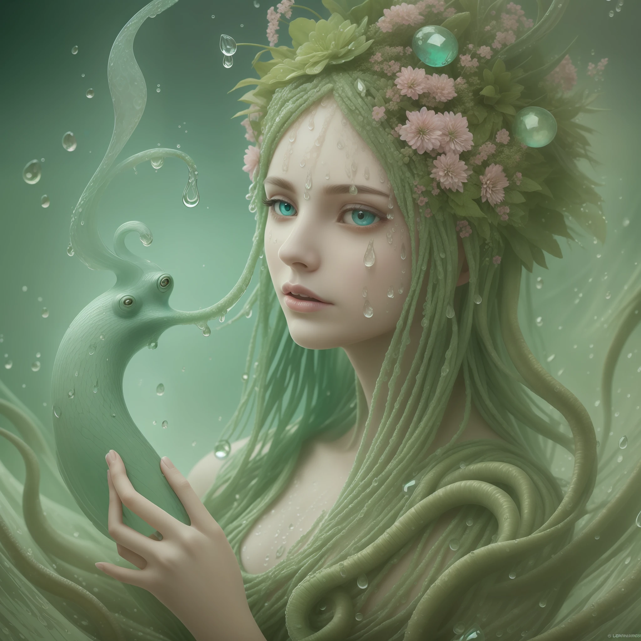 a beautiful image with a face sitting water drops on a pink flower, in the style of biomorphic sculpture, fantasy creatures, lovecraftian in the style of fantasy realism, pristine naturalism, delicate portraits, green, porcelain, singular focus, romanticized landscapes