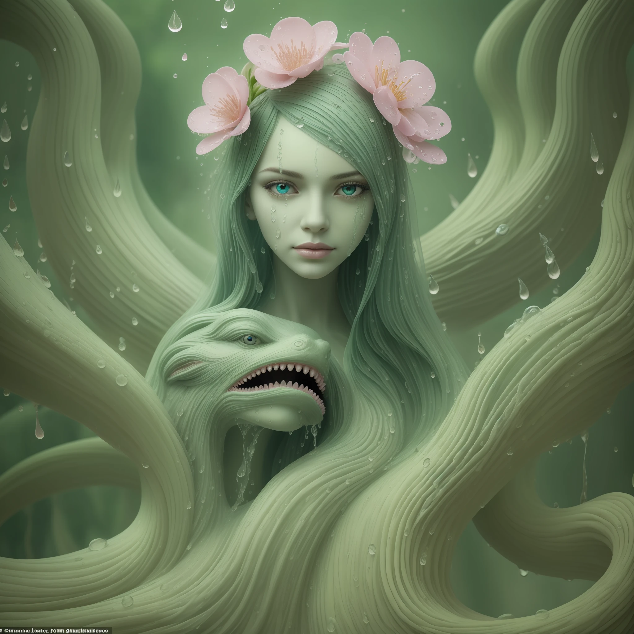 a beautiful image with a face sitting water drops on a pink flower, in the style of biomorphic sculpture, fantasy creatures, lovecraftian in the style of fantasy realism, pristine naturalism, delicate portraits, green, porcelain, singular focus, romanticized landscapes