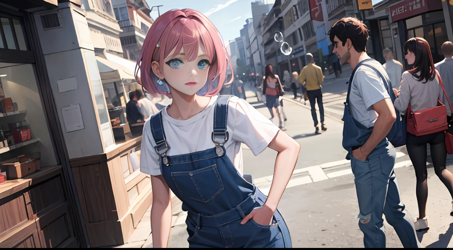 1girl, dreamy world,air bubbles,
(cowboy shot), (masterpiece), (best quality:1.0), (ultra highres:1.0), highly detailed face and eyes, BREAK Fremy, embarrased, heterochromia, pink eye, hands in pockets wearing denim overalls, only overalls, under overalls BREAK market, crowd, sunny,