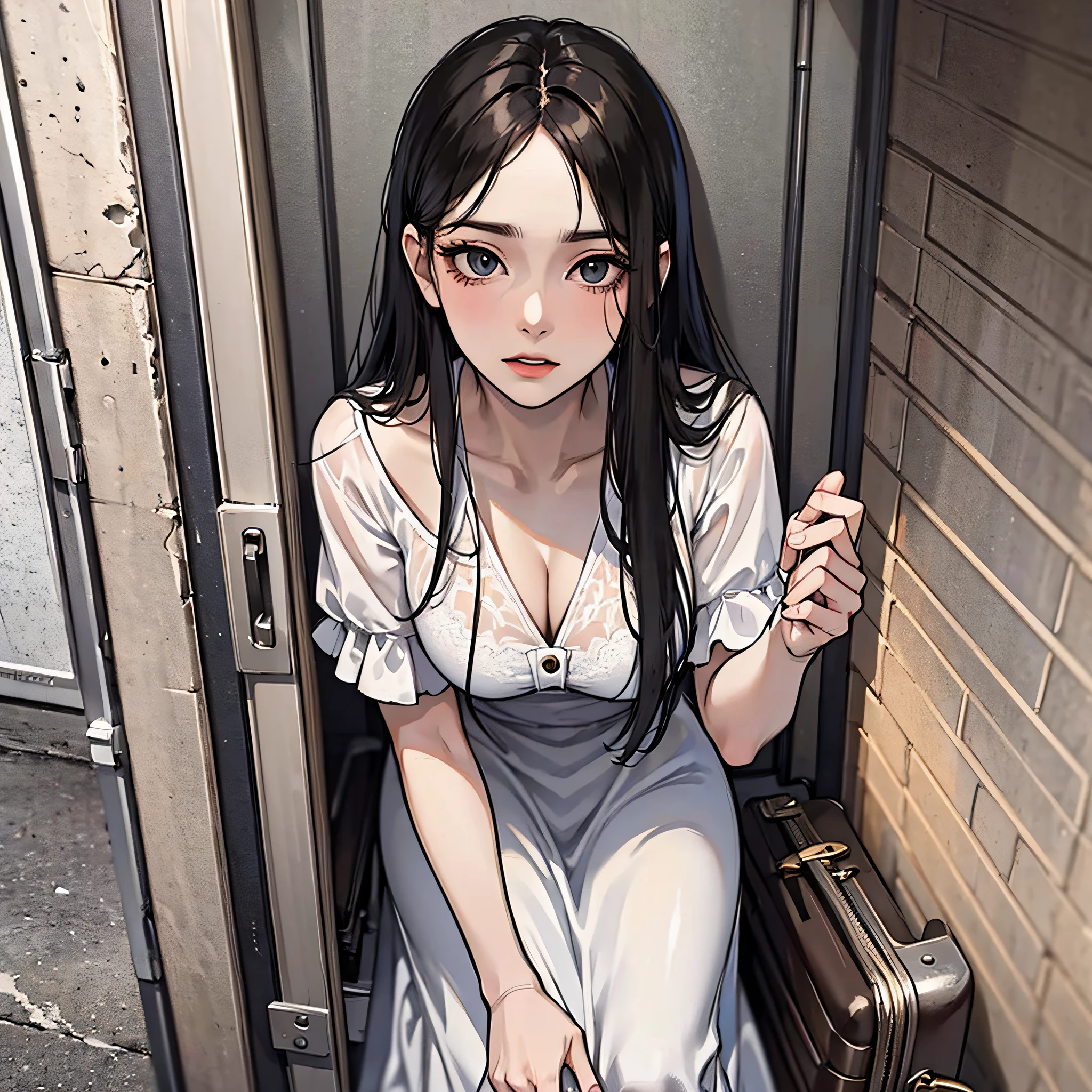 A woman with long black hair, wearing a white dress, collapsed outside the door, her luggage fell to the ground, looked at the camera, and had an uncomfortable expression