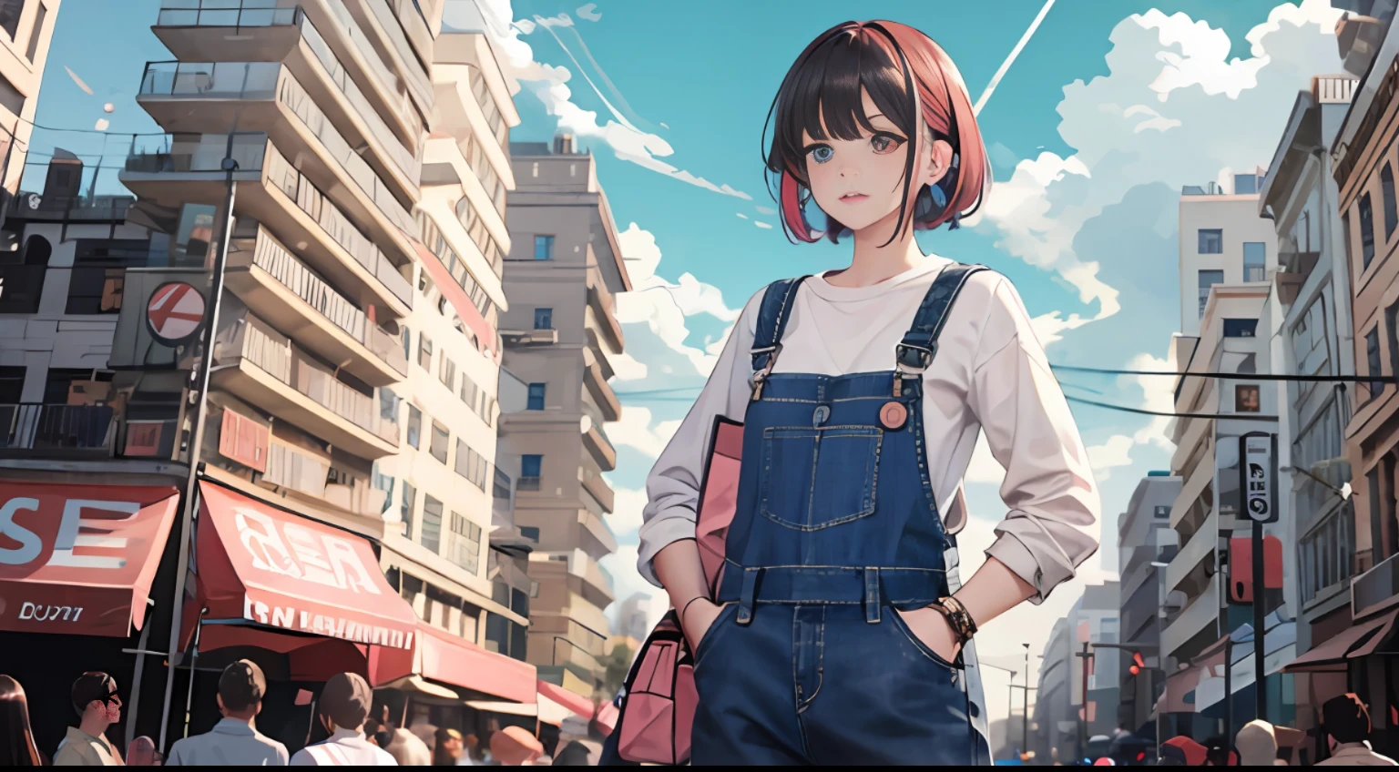 1girl, dreamy world,air bubbles,
(cowboy shot), (masterpiece), (best quality:1.0), (ultra highres:1.0), highly detailed face and eyes, BREAK Fremy, embarrased, heterochromia, pink eye, hands in pockets wearing denim overalls, only overalls, under overalls BREAK market, crowd, sunny,