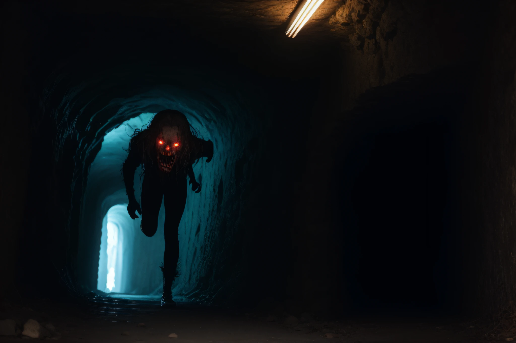 horror art, dread, Best quality, masterpiece, ultra high res, (photorealistic:1.4), Action shot of terrifying human entity chasing after the viewer, dynamic running, in a decrepit underground tunnel in Hell, creepy, unnerving, unsettling, terrifying, 80mm, horror lighting, dynamic action