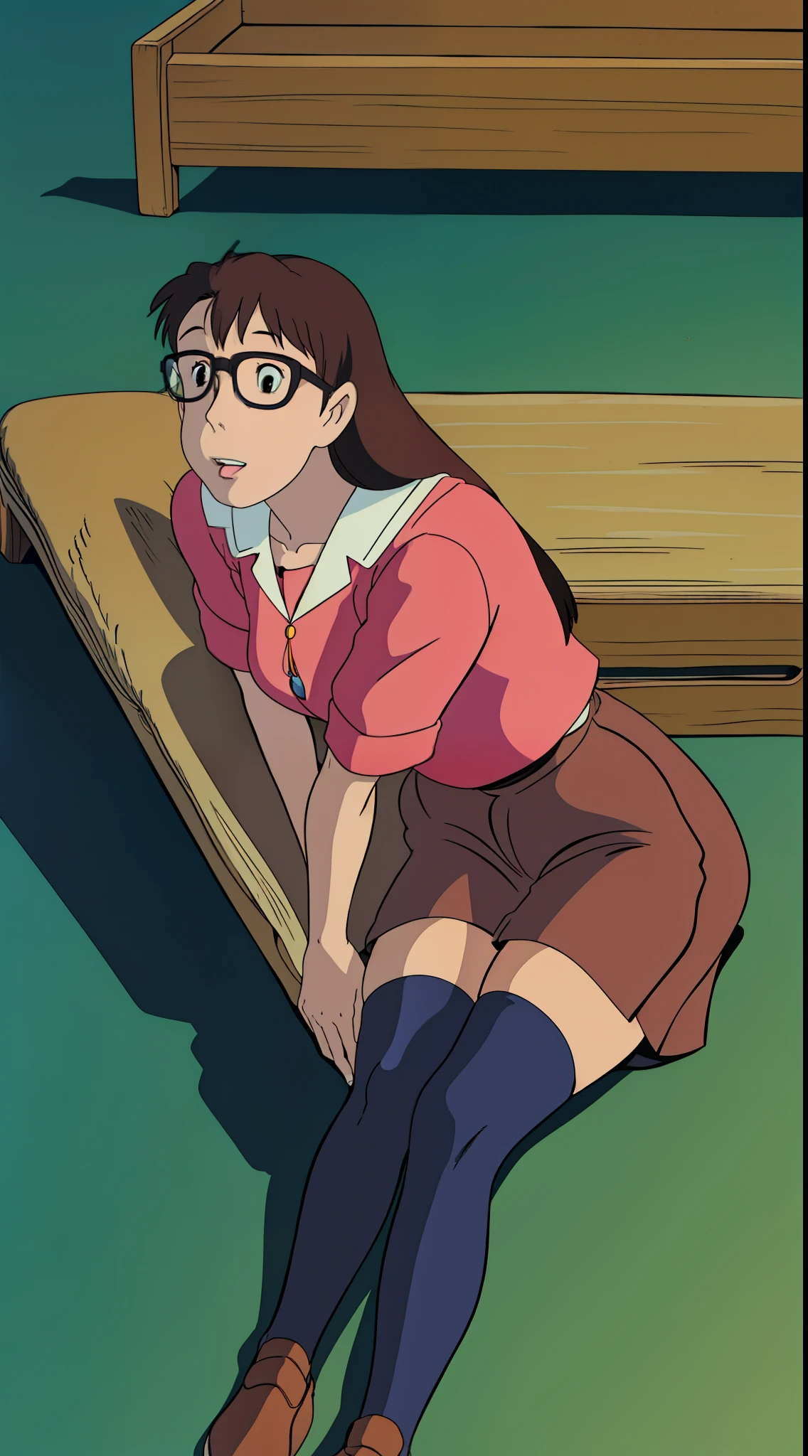 Koyomi Mizuhara, Brunette hair, brown hair color, long hair, bangs, glasses, ager, Sailor school outfit, red top, brown skirt, black thigh socks, brown shoes, Highschool, tall girl, breasts, luscious lips, concept, Jack-o-pose, Trend, laying down, her thighs arch upward, Legs split