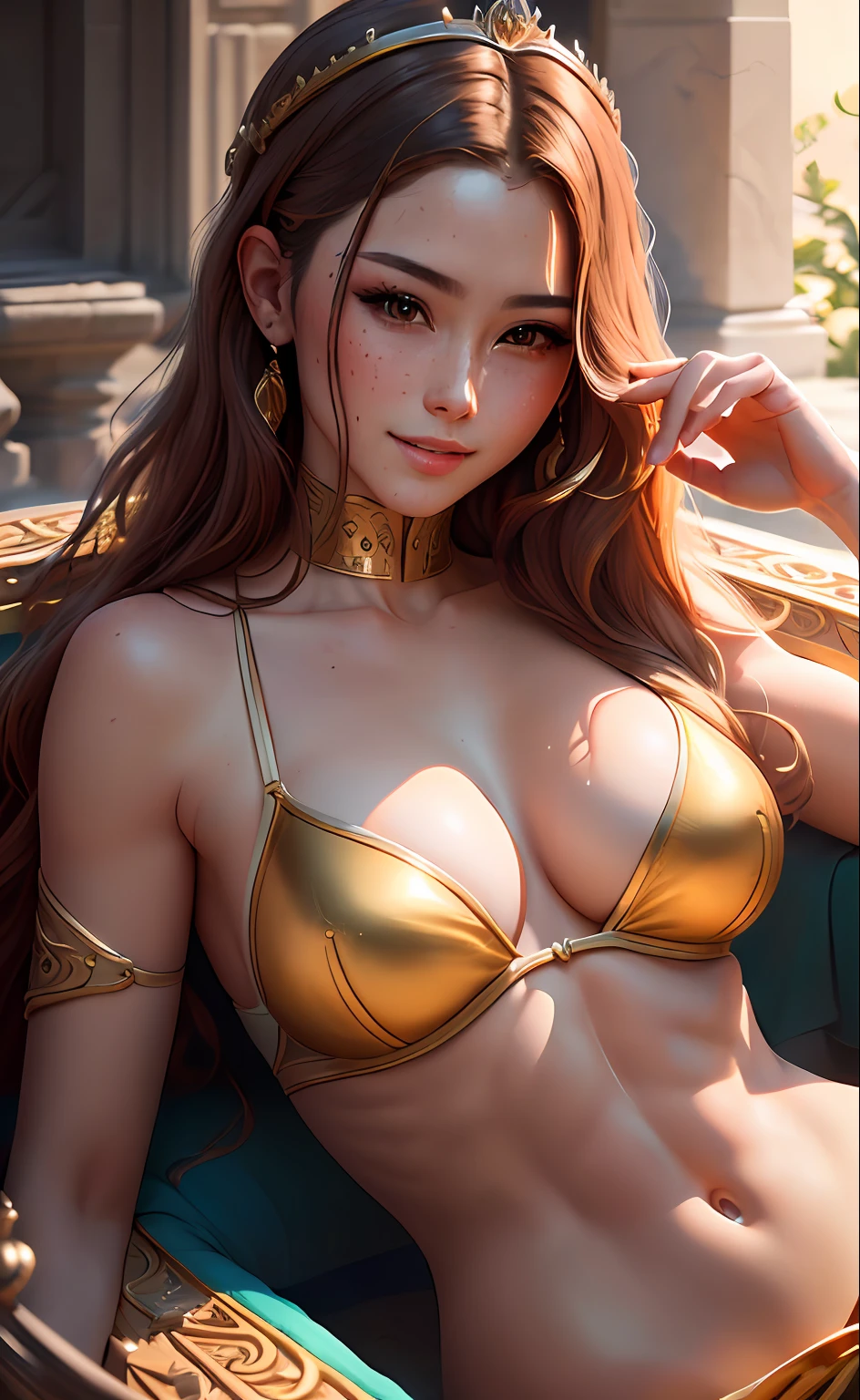 best quality, masterpiece, highres, photorealistic, ultra realistic, antique pool, sun tyndall effect, photorealistic, dark studio, rim lighting, tone lighting, (high detailed skin:), 8k uhd, dslr, soft lighting, high quality, volumetric lighting, candid, photography, high resolution, 4k, 8k, bokeh, ultra realistic 8k cg, (epic:, perfect art, masterpiece, ancient dynasty, medieval, fantasy), (((detailed background)))), 20yo asian queen fit cool model,  stunning beauty like God, stunning facial features, detailed hair, dynamic angle, amazing incredibly beautiful, lying down, extremely detailed skin, golden wet skin, 50mm portrait, glamour, perfect soft curves, perfect body, perfect breasts, perfect wide hips, full wet lips, extremely detailed muscle definition, extremely detailed toned abs, ultra realistic, whole body, smiling, cheerful, happy