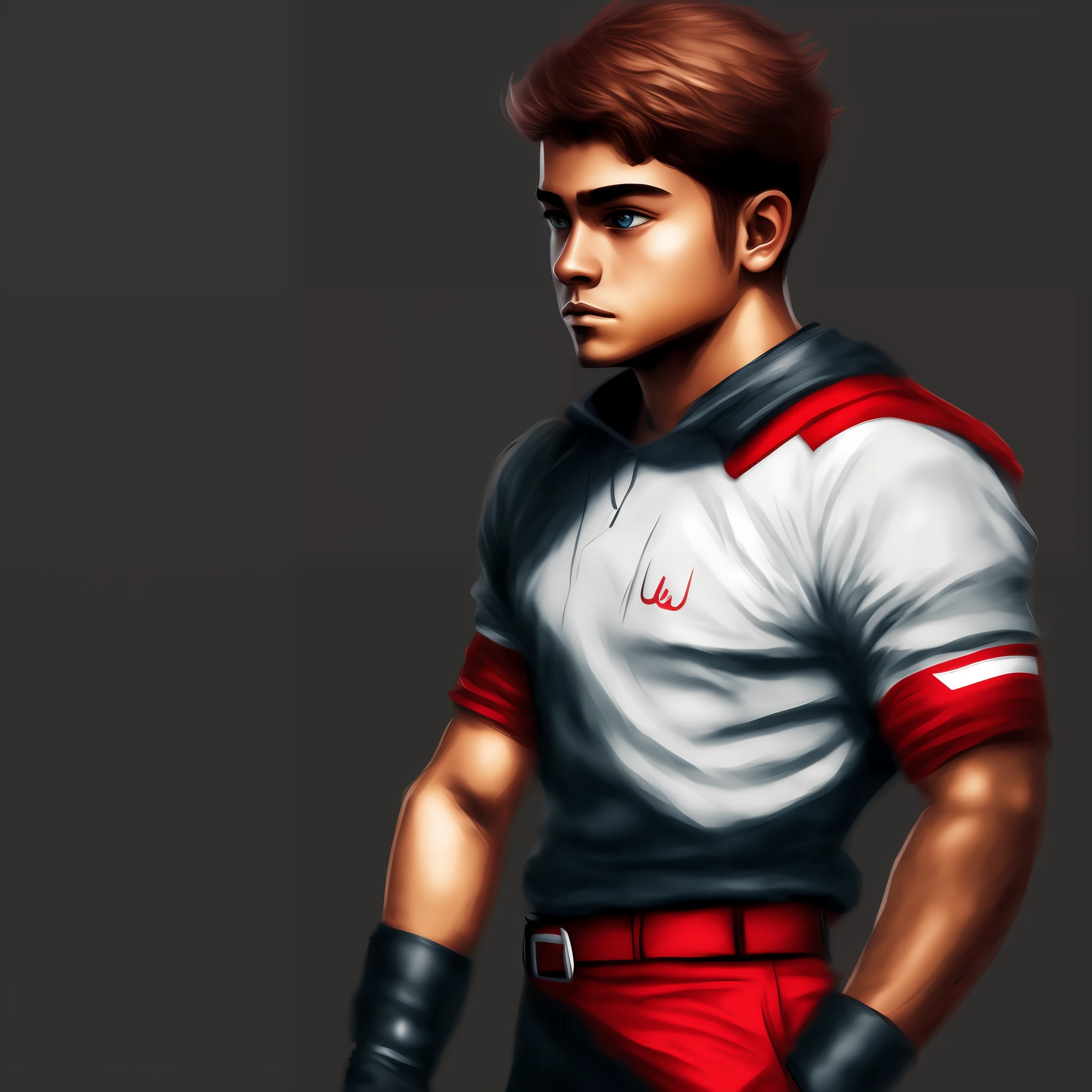A super focused young adult with the red and white outfit on a black background, realistic style