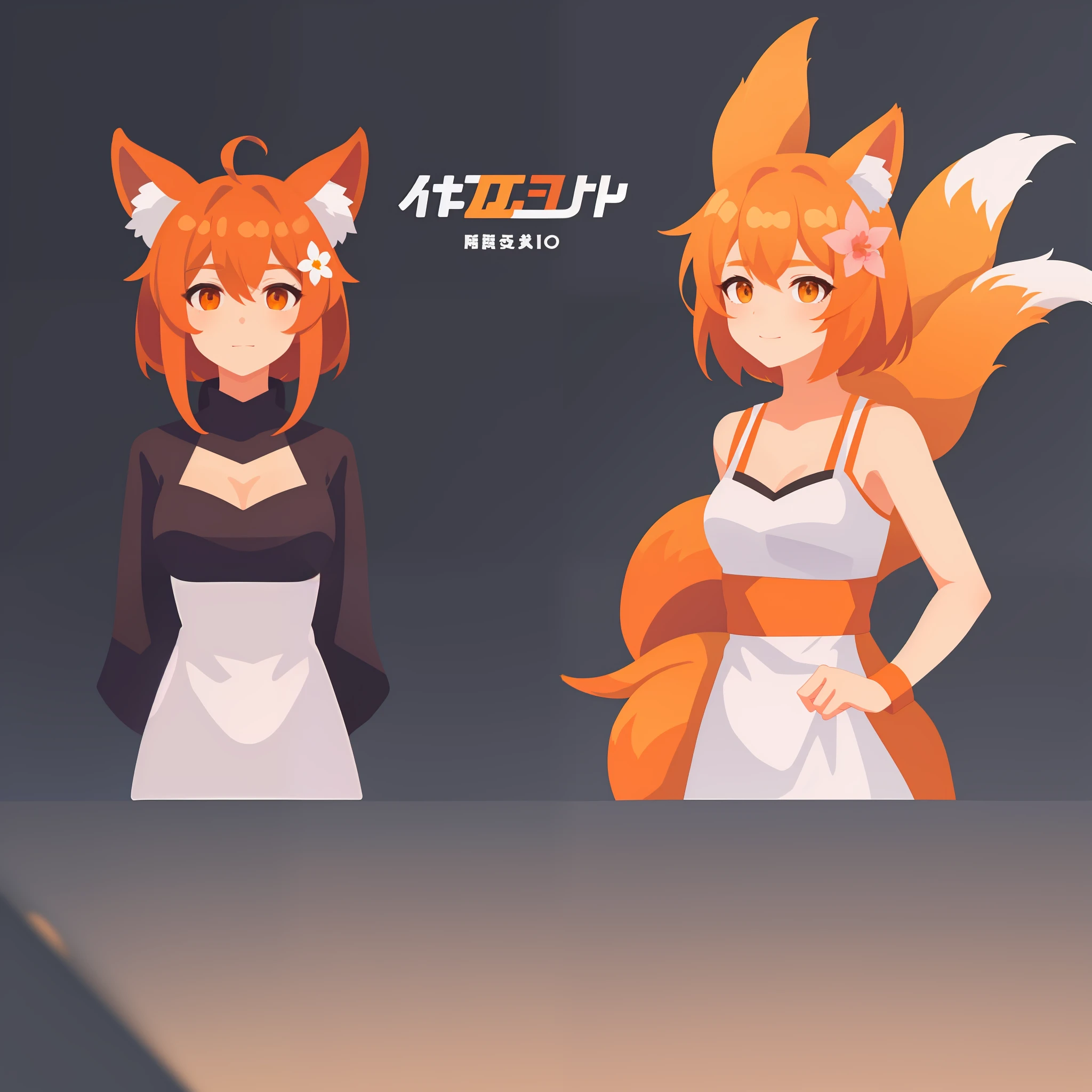 sen, animal ears, fox ears, fox girl, fox tail, hair flower, hair ornament, orange eyes, orange hair, short hair, tail, coloredic0n icon